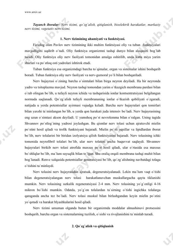 po`st hosil qiladi, ular o`rtasida esa maxsus bo`shliqlar bo`lib, ma`lum suyuqlik bilan to`lgan. shu oraliq orqali membrana tashqi muhit bilan bog`lanadi. renve xalqasida potentsiallar generatsiyasi bo`lib, qo`zg`alishning navbatdagi tolaga o`tishini ta`minlaydi. nerv tolasini nerv hujayrasidan ajratsak, degeneratsiyalanadi. lekin ma`lum vaqt o`tishi bilan degeneratsiyalangan nerv tolasi harakatlanuvchan muskullargacha qayta tiklanishi mumkin. nerv tolasining sutkalik regeneratsiyasi 2-4 mm. nerv tolasining yo`g`onligi 4-16 mikron bo`lishi mumkin. odatda, yo`g`on tolalardan ta`sirning o`tishi ingichka tolalarga qaraganda ancha tez bo`ladi. nerv tolasi muskul bilan birlashgandan keyin mielin po`stini yo`qotadi va harakat blyashkalarini hosil qiladi. nerv tizimi umuman olganda butun bir organizmda moddalar almashinuvi protsessini boshqarib, barcha organ va sistemalarning tuzilish, o`sishi va rivojlanishini ta`minlab turadi. 2. qo`zg`alish va qitiqlanish tiriklikning asosiy xususiyatlaridan biri berilgan ta`sirga nisbatan qo`zg`alish hosil qilib, unga javob qaytarishidir. natijada tirik organizmda qo`zg`alish yoki tormozlanish ro`y beradi. tashqi va ichki ta`sirlar 2 gruppaga adekvat va noadekvat ta`sirlari bo`lish mumkin. adekvat ta`sirlovchilar spetsifik (maxsus) …