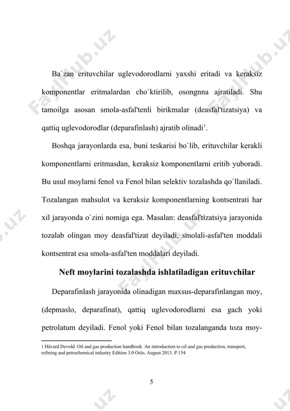 tuvchi qisoblanadi. aynan uning xossalarini inobatga olgan qolda neftni qayta ishlash zavodlarining moybloklari loyiqalangan. fenol formulasining strukturasi: c6h5oh, jadval. fenolning fizik-kimyoviy xossalarining ko’rsatkichlari 1 zichlik, 20oc da, kg/m3 1071 2 molekulyar og’irlik 94,11 3 sindirish ko`rsatkichi, 41 oc 1,5425 4 kritik harorat, os 419 5 kritik bosim, mpa 6,05 6 issiqlik siqimi, 45 oc da, kdj/(kg*grad) 2,11 7 qovushqoqlik 45 oc da kinematik, mm2/s dinamik, pa*s 3,8 4,0 8 harorat, oc chaqnashi 79 buqlarning qavoda alangalanishi 430 atmosfera bosimida qaynashi 181 erishi +41 9 fenolning suvda eruvchanlik %, harorati os 20 8,2 40 9,6 10 suvning fenolda eruvchanligi %, harorati oc 40 33,2 11 buqlanish entalpiyasi, kdj/mol' 45 12 suv bilan azeotrop aralashmaning qaynash harorati atmosfera bosimida, os 99,6 13 suv bilan azeotrop aralashmadagi fenolning tarkibi % 9,2 14 dipol' momenti 1,7 15 dipol' momenti 5 berilganlardan ko`rinib turibdiki, fenolning zichligi deyarli katta emas, bu esa rafinatli va ekstraktli eritmalarni …