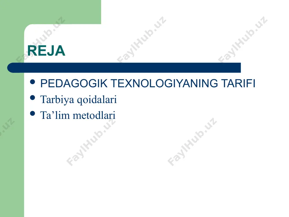 gogik tadqiqotlar maqsadi ana shu tizimga yo‘naltirilishi kerak, ya‘ni: -ta‘limni rivojlantirishning yangi bosqichida pedagogik texnologiya mohiyati va muammolarini ko‘p bosqichli ta‘lim tizimi uchun tabaqalashtirilgan yondashuv asosida ishlab chiqish: -ishlab chiqarishning zamonaviy texnologiyalarini tahlil qilish asosida pedagogik texnologiyalar loyihalarini yangilab va boyitib borish; -o‘qituvchi faoliyatini yangi pedagogik texnologik texnologiya qonuniyatlariga moslashtirish; -“o‘qituvchi-texnolog” kasbi tavsifnomasini yaratish; o’quv (ta’lim) jarayoni jarayon - (lotincha «prozessus») - oldinga harakatlanish, o’zgarish. ta’lim jarayoni - o‘quvchi (talaba)ning bilmaslikdan bilishga tomon, oddiydan murakkabga tomon sodir bo‘ladigan jarayondir pedagogik jarayon - ta‘lim beruvchi va ta‘lim oluvchining belgilangan maqsadga qaratilgan, hamda oldindan ko’zlangan natijaga olib boruvchi o’zaro faoliyati. zamonaviy psixologo-pedagogik fanlar erishgan yutuqlarga binoan istalgan o’quv jarayoni uchta bir-biri bilan bog’liq qism (komponent)dan iborat: 1. motiv (m). 2. o’quvchining o‘qish (o’zlashtirish) faoliyati (o’f). 3. o’quvchining bilish faoliyatini boshqarish (b). boshqarish vazifasini o’qituvchi yoki texnik vositalar bajaradi. demak, o’quv jarayonini (o’j) quyidagi formula tarzida ifodalash mumkin: o’j = m + o’f …