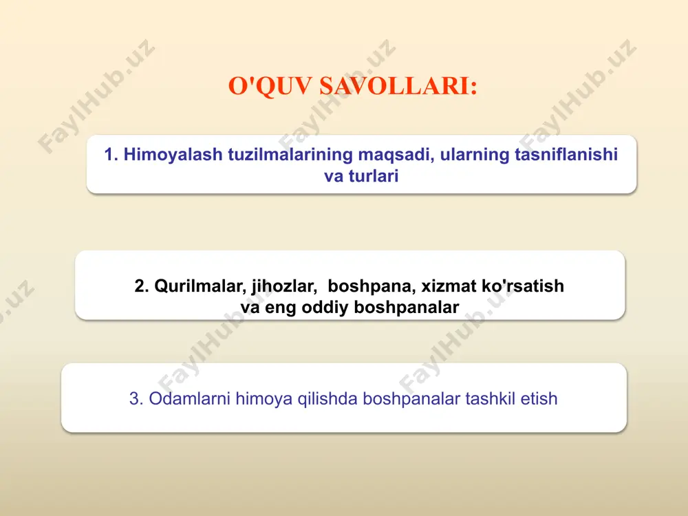 rajasini pasaytiradi turli xil favqulodda vaziyatlarning yuzaga kelishi mumkin bo'lgan salbiy oqibatlarga olib kelishi mumkin. aholini himoya qilish bo'yicha tayyorgarlik ishlari geografik usulda amalga oshiriladi. ular nafaqat tabiiy va texnogen tabiatning yuzaga kelishi mumkin bo'lgan favqulodda holatlarga bog'liq holda, balki harbiy harakatlarda yoki ularning oqibatida kelib chiqadigan xavf-xatarlarni hisobga olgan holda amalga oshiriladi, chunki bu choralarning asosiy qismi tinchlik va urush davrida samarali hisoblanadi. himoyalash tuzilmalari aholini turli xil favqulodda vaziyatlardan samarali himoya qilinishni hisobga olgan holda, ijro etuvchi organlar va mahalliy o'zini o'zi boshqarish organlari, barcha darajadagi davlat favqulodda vaziyatlar boshqaruvi organlari, korxona rahbarlari rejalashtirishi va amalga oshirishlari kerak. mavjud bo'lgan himoya tuzilmalarining holati, ularni o'z vaqtida ishlatishga tayyorligi, shuningdek, himoya qilish tizimlarini yanada to'ldirish bo'yicha choralar. himoya tarkibi potentsial xavfli ob'ektlarda sodir bo'lgan baxtsiz hodisalar va tabiiy ofatlar natijasida yuzaga keladigan zarar etkazadigan omillardan odamlarni, uskunalarni va mulkni himoya qilish uchun mo'ljallangan muhandislik strukturasi yoki ushbu ob'ektlarning joylashgan …