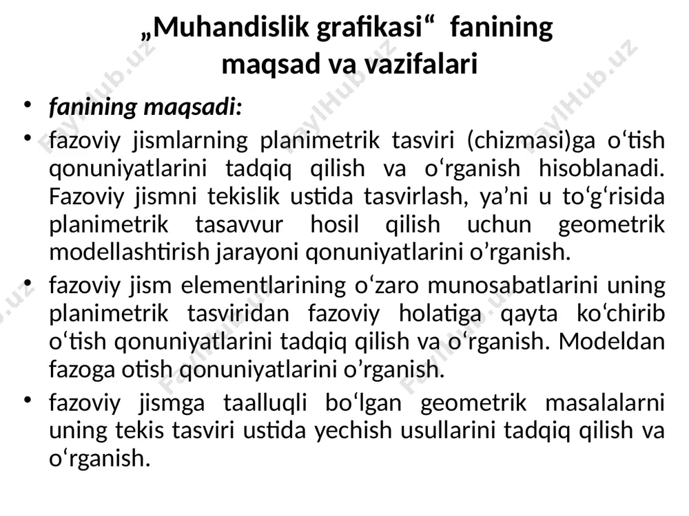 uqta bo‘ladi. proyeksiyalovchi nurda yotuvchi barcha nuqtalarning proyeksiyalari bitta nuqtada bo‘ladi. proyeksiyalash yo‘nalishiga parallel bo‘lmagan to‘g‘ri chiziqning proyeksiyasi to‘g‘ri chiziq bo‘ladi. proyeksiyalash yo‘nalishiga parallel bo‘lmagan tekislikning proyeksiyasi tekislik bo‘ladi. agar biror tekis shakl proyeksiyalar tekisligiga parallel bo‘lsa, uning proyeksiyasi o‘ziga o‘xshash shakl bo‘ladi. to‘g‘ri chiziq kesmasiga tegishli nuqtaning parallel proyeksiyasi shu to‘g‘ri chiziq proyeksiyasi kesmaning ustida bo‘ladi agar nuqta to‘g‘ri chiziq kesmasini biror nisbatda bo‘lsa, bu nuqtaning proyeksiyasi ham kesma proyeksiyasini shunday nisbatda bo‘ladi. to‘g‘ri chiziqlarning kesishuv nuqtasining proyeksiyasi ularning proyeksiyalarining kesishish nuqtasida bo‘ladi. parallel to‘g‘ri chiziqlarning tekislikdagi proyeksiyalari ham parallel bo‘ladi. parallel to‘g‘ri chiziq kesmalarining nisbati bu kesmalar proyeksiyalarining nisbatiga teng bo‘ladi. parallel proyeksiyalash ikki xil bo‘ladi qiyshiq burchakli parallel proyeksiyalash. bunda s proyeksiyalash yo‘nalishi p proyeksiyalar tekisligi bilan o‘tkir burchak tashkil qiladi. to‘g‘ri burchakli parallel proyeksiyalash. bunda proyeksiyalash yo‘nalishi s proyeksiyalar tekisligi p ga perpendikulyar bo‘ladi. geometrik masalalarning klassifikatsiyasi geometrik shakllarning bir-biriga nisbatan joylashishiga qarab ularga oid bo’lgan …