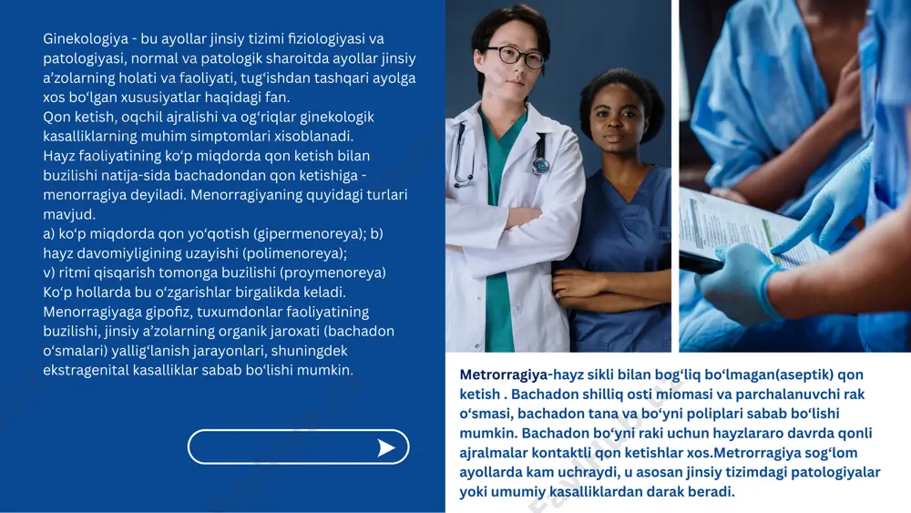 . i va ii tozalik darajasi normal hisoblanadi. iii tozalik darajasi: kuchsiz ishqoriy reaksiyali (rn-6,0-6,5), qin tayoqchalari kam miqdorda, vergul shaklidagi mikroblar, streptokokklar, kokklar ko‘p miqdorda, leykotsitlar soni ham ko‘p bo‘ladi. iv tozalik darajasi: kuchsiz ishqoriy reaksiyali, qin tayoqchalari bo‘lmaydi. turli bakterial flora ustunlik qiladi, leykotsitlar ko‘p miqdorda. servikal oqchil so‘zak etiologiyali endotservitsitlarda, bachadon bo‘yni yirtilishlarida, qin kanali shilliq qavati poliplarida paydo bo‘ladi. o‘tkir endometritda-ajralmalar yiringli, surunkali endometritda-suvsimon, rakdan zarralanishda selga o‘xshash bo‘ladi. og‘riqlar-ginekologik bemorlarning eng ko‘p uchraydigan shikoyatlaridan biri. chanoq a’zolari qonga to‘lishining o‘zgarishlari va intoksikatsiya ginekologik bemorlardagi og‘riqlarning asosiy patogenetik omili bo‘lib xisoblanadi. kasallangan a’zoning mexanik ta’sirlanishi ginekologik kasalliklarda og‘riqlar paydo bo‘lishining asosiy sababi. ginekologik og‘riqlar asosan gipogastral soxada joylashadi-bu yonbosh suyaklari oldingi yuqori o‘simtalarini birlashtiruvchi chiziqdan pastda joylashib, oyoqlarga irradiatsiyalanadi. qorin pastidagi og‘riqlar bilan bir qatorda bel-dumg‘aza og‘riqlari xam ko‘p uchraydi.ginekologik kasalliklarni aniqlash anamnez bilan sinchiklab tanishib chiqishdan boshlanadi. anamnez yig‘ish quyidagi tartib bo‘yicha tuziladi: 1 3 …