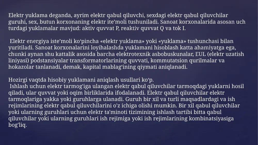 i asosida elektr qabul qiluvchilar uch toifaga bo'linadi. birinchi toifaga elektr qabul qiluvchilar va elektr qabul qiluvchilar majmualari kiradi, elektr ta'minotining uzilishi inson hayotiga xavf tug'dirishi, jiddiy shikastlanish (asosiy uskunaning shikastlanishi) va texnologik jarayonning buzilishiga olib kelishi mumkin. ushbu qabul qiluvchilar kamida ikkita mustaqil quvvat manbasidan quvvatni ta'minlashi kerak. ularning elektr ta'minotining uzilishiga faqat ikkinchi manbadan elektr ta'minotini avtomatik ravishda tiklash vaqtida yo'l qo'yiladi. ikkinchi toifaga elektr qabul qiluvchilar va elektr qabul qiluvchilar majmualari kiradi, buning natijasida elektr ta'minotining uzilishi ishlab chiqarishning ko'p bo'lishiga, ishchilar va mexanizmlarning ishlamay qolishiga olib keladi. ikkinchi toifadagi qabul qiluvchilarni elektr ta'minoti ikkita mustaqil quvvat manbalaridan ta'minlanishi kerak. elektr ta'minotidagi uzilishga ikkinchi manbaga avtomatik va tezkor o'tish uchun zarur bo'lgan vaqtga ruxsat beriladi. uchinchi toifaga birinchi va ikkinchi toifadagi ta'riflarga kirmaydigan elektr qabul qiluvchilar va elektr qabul qiluvchilar majmualari kiradi. ular bitta quvvat manbaidan quvvatlanishi mumkin. qayta tiklash ishlari davomida elektr ta'minotining uzilishiga ruxsat beriladi, …