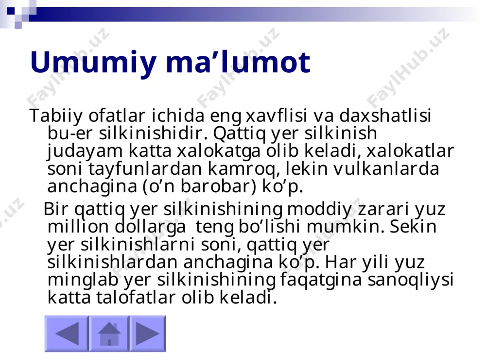 lar saqlanishi mumkin. 12-daryolardan suv oqimi o’zgaradi, hamma joy vayronaga aylanadi. yer silkinishi. 7-dekabr 1988 yili armanistonda yer silkinish sodir bo’ldi, uning quvvati 6,9 ball rixter shklassiga teng edi. yer silkinishi episentrida joylashgan spitak shahari butunlay buzilib ketdi. halok bo’lganlar soni 25 mingtaga teng. nima uchun insonlar yer silkinishi paytida halok bo’lishdi. agar yer silkinishi okean ichida sodir bulsa, ular katta to’lqinni chaqirishadi-sunami, ko’pincha u tinch okean atrofini yuvib ketadi, bu esa 1933 yili yaponiyada va 1952 yili kamchatkada kuzatilgan. video 1 planetada yer silkinishi oqibatida umumiy halok bo’lganlar soni oxirgi 500 yil ichida 5 mln.ta inson tashkil etadi, bularni teng yarmi esa xitoyliklar hisoblanadi. 1556 yilda xitoy shensi rayonida, magnetuda 8,1 yer silkinishida 830 ming inson, 1976 yilda pekining g’arbida tanshan rayonida magnetuda 7,8 yer silkinishida 240 insonni halok bo’lishiga olib keldi xitoyliklarni manbasiga binoan (amerikaliklarni manbasiga qaraganda 1 mln. ga yaqin). yana favqulotdagi faziyat 1737-yili kalkuta (india) da …