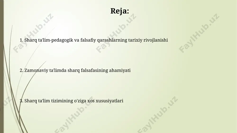 ri orqali ta’sir ko‘rsatgan. islom ta'limi jaholatga qarshi kurash, bilim olishni 70 yoshgacha davom ettirish zarurligini ta’kidlab, ilm izlashni farz deb hisoblagan va markaziy osiyoda 1000 dan ortiq madrasa faoliyat yuritgan. sharq pedagogikasi: an'analar va zamonaviylik an'anaviy sharq pedagogikasi 5 ta asosiy tamoyilga asoslangan bo'lib, ulardan biri – o'quvchining shaxsiy qobiliyatlarini hisobga olish va 10 yoshdan boshlab individual yondashuvni qo'llash hisoblanadi. zamonaviy o'zbekistonda sharq pedagogikasi an'analari 21-asr talablariga moslashtirilmoqda, jumladan, 70% ga yaqin maktablarda interaktiv ta'lim uslublari joriy etilgan. e'tiboringiz uchun rahmat @taqdimot_robot image1.jpg image2.jpg image3.jpg image4.jpg image5.jpg