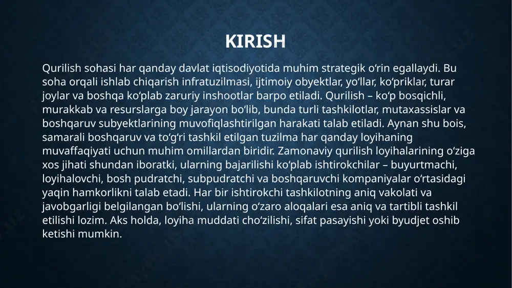faoliyatini uyg‘unlashtirish. boshqaruvning qurilishdagi roli masalan, katta obyektlar – elektr stansiyalari, ko‘priklar, yo‘llar yoki sanoat inshootlarini qurishda, boshqaruvning zaifligi loyiha muvaffaqiyatsizligiga olib keladi. shuning uchun har bir rahbar yoki loyiha menejeri boshqaruv prinsiplarini chuqur o‘zlashtirgan bo‘lishi zarur. ishlarning belgilangan muddatda tugatilishini sifatga rioya etilishini xarajatlar ustidan nazoratni resurslar va ishchilar harakatini muvofiqlashtirishni xavfsizlik me’yorlariga amal qilinishini qurilish sohasida tashkiliy tuzilmaning roli tashkiliy tuzilma – bu har qanday tashkilotning yoki loyiha jamoasining ichki tuzilishini, ya’ni uning qismlari (bo‘limlari, guruhlari, lavozimlari) o‘rtasidagi aloqalar va vakolatlar taqsimotini ifodalovchi tizimdir. qurilish sohasida tashkiliy tuzilma ayniqsa muhim, chunki bu soha ko‘p bosqichli, ko‘p ishtirokchili va resurslarga boy tizimdan iborat bo‘lib, samarali ish yuritish uchun aniq, puxta tashkil etilgan tuzilmani talab qiladi. tashkiliy tuzilmaning asosiy vazifalari: 1. har bir bo‘lim va xodimning aniq vazifasini belgilashjavobgarlik va vakolatlar chegarasini aniqlash 2. boshqaruv zanjirini soddalashtirish 3. qaror qabul qilishni tezlashtirish 4. resurslardan oqilona foydalanish 5. axborot oqimini tartibga …