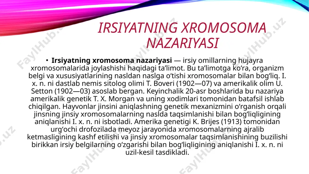 hrasa, y xromosomada joylashgan gen faqat erkaklarda uchraydi. x xromosomaga birikkan holda irsiylanish x xromosomaga y xromosomaga nisbatan koʻproq belgilar boʻgʻlangan. chunki y xromosoma birmuncha kaltaroq va undagi genlar soni ham kamroqdir. x xromosomaga birikkan genlar oʻziga xos irsiylanish xususiyatiga ega, chunki ularning soni erkak (xy) hamda ayollar (xx)da turlichadir. urgʻochi organizmlarda ikkita x xromosoma borligi sababli ushbu xromosomada joylashgan genlar ikkita nusxaga ega boʻladi. bu esa ularning gomozigota yoki geterozigota boʻlishini taʼminlaydi. image2.png image3.png image4.jpeg image5.png image6.png image7.jpeg image8.jpeg image1.png /docprops/thumbnail.jpeg