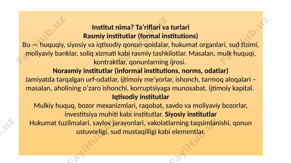 va ixtirochilarning huquqiy himoyasi — patentlar, tarkibiy texnologik infratuzilma — innovatsiyalarni rag‘batlantiradi. empirik isbotlar va tadqiqot natijalari quyidagi tadqiqotlar institutlarning rivojlanishga ta’sirini ko‘rsatadi: oecd mamlakatlarida institutsional sifat (institutional quality) iqtisodiy o‘sishda muhim determinant hisoblanadi. masalan, prague economic papers maqolasida aytilishicha, institutlarning sifatini bir punktga oshirish — potentsial yaim per capita o‘sishini sezilarli darajada oshiradi. sub-saharan afrika mamlakatlarida 1984-2003 yillarda institutlarning sifati (hukumat barqarorligi, korrupsiya, etnik ziddiyatlar, ijtimoiy sharoitlar) iqtisodiy rivojlanish bilan bog‘liqligi aniqlangan. “institutions and economic development: how strong is the relation?” nomli maqolada, institutlarning 1% yaxshilanishi ishlab chiqarish ishchilarining chiqimi (output per worker) ni o‘rtacha ~5% ga oshirish mumkinligi ko‘rsatilgani, lekin bu munosabat hamma davlatlar uchun bir xil emasligi ta’kidlangan. yana bir tadqiqot: “institutions and economic growth: a new evidence from pakistan” maqolasida siyosiy institutlar iqtisodiy institutlar orqali o‘sishga ta’sir ko‘rsatadi, biroq agar siyosiy hokimiyat de jure (qonuniy shaklda) faqat elitalar manfaatida bo‘lsa, institutlar inklyuziv bo‘lmaydi va bu rivojlanishga …