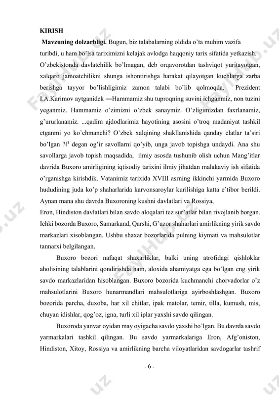 tlari, sabzovotlar, kiyim-kechaklar paxta matolari yetkazib berishgan. buxoroda turkman gilamlari nihoyatda katta talabga ega bo’lgan. o’z navbatida turkmanlar buxorodan kiyim-kechak uchun kerak bo’lgan bo’z va boshqa matolarni olib ketishgan. buxoro savdogarlari balx va badaxshonda ham katta savdo ishlarini olib borishgan. bu yerda buxoroliklar qozon, buxoro matolari, rossiyadan keltirilgan igna, oyna, qaychi va shu kabi boshqa maxsulotlarni olib kelishgan. u yerdan buxoroga kumush, oltinlar olib qaytishgan. uni o’rganish kelajak avlod uchun muhim ahamiyat kasb etadi. mavzuning o’rganilish darajasi. ongimizdagi o’tmishdan qolgan sarqitlarni tozalash, qalbimizni poklash va ruhimizni tetik qilish naqadar muhim ekanini i.karimov qator asarlarida muhim muammo sifatida ko’taradi. «biz fidoiy vatanparvarlarga tayanamiz» (1993), «o’zbekiston: milliy istiqlol, iqtisod, siyosat va mafkura» (1993), ―o’zbekiston mustaqillikka erishish ostonasida‖(2011) kabi asarlarini ko’rsatish mumkin. olimlar sovet davrini tadqiq qilganlarida o’sha davrda ilgari surilgan soxta g’oyalarga, soxtalashtirilgan tarix o’rniga yangi fikr mulohazalarni ilgari surishi shu kungacha yechilmagan ―savollarga javob topishlari kerak‖ degan vazifani ilgari suradi. i. …