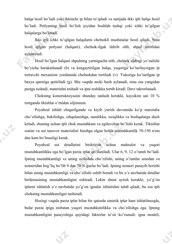 rib olib, shpul atrofidan aylantiradi. hosil bo’lgan halqani shpulning yarmigacha etib, chelnok oldingi yo’nalishi bo’yicha harakatlanadi (b) va kengaytirilgan halqa, yuqoriga ko’tarilayotgan ip tortuvchi mexanizm yordamida chelnokdan tortiladi (v). yukoriga ko’tarilgan ip baxya qatoriga qotiriladi (g). shu vaqtda moki bush aylanadi, nina esa yangidan pastga tushadi, materialni teshadi va ipni teshikka tortib kiradi. davr takrorlanadi. chokning konstruktsiyasini shunday tanlash kerakki, kaysikim uni 10 % tortganda tikishlar o’rnidan siljimasin. poyabzal ishlab chiqarilganda va kiyib yurish davomida ko’p marotaba cho’zilishga, bukilishga, ishqalanishga, namlikka, issiqlikka va boshqalarga duch keladi, shuning uchun ipli chok mustahkam va egiluvchan bo’lishi kerak. tikishlar sonini va ust tanovor materialini hisobga olgan holda mustahkamlik 70-150 n/sm dan kam bo’lmasligi kerak. poyabzal ust detallarini biriktirish uchun mahsulot va yuqori mustahkamlikka ega bo’lgan paxta iplar qo’llaniladi. ular 6, 9, 12 o’ramli bo’ladi. ipning mustahkamligi va uning uzilishda cho’zilishi, uning o’ramlar sonidan va nomeridan bog’liq bo’lib 9 dan 70 n gacha bo’ladi. …