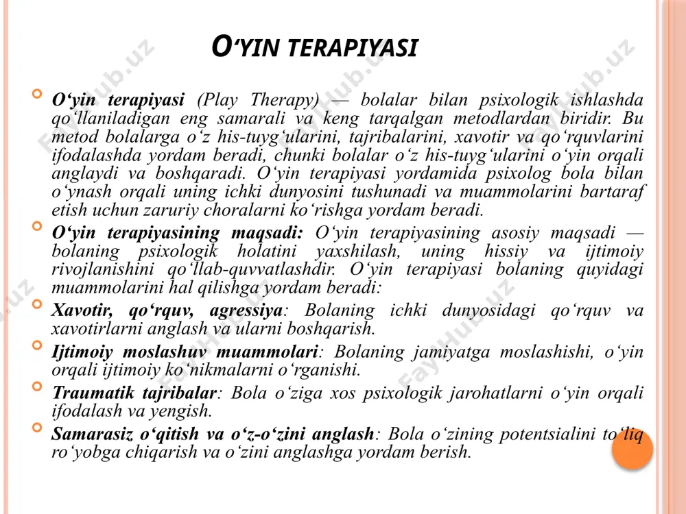 olarini anglaydi va ularni bartaraf etish yo‘llarini o‘rganadi. bu metod bolalarning psixologik holatini yaxshilashda, ijtimoiy va hissiy rivojlanishini qo‘llab-quvvatlashda muhim rol o‘ynaydi. 2.art terapiyasi art terapiyasi (art therapy) — bu insonning hissiy holatini va psixologik muammolarini hal qilishda san'at vositalarini, ya'ni rasm chizish, haykaltaroshlik, kollaj yaratish va boshqa ijodiy faoliyatlarni qo‘llashga asoslangan psixoterapevtik metoddir. art terapiyasining asosiy tamoyili — san'at orqali inson o‘zining ichki dunyosini, hissiyotlarini, qo‘rquvlarini, xavotirlarini ifodalaydi va o‘zi bilan bog‘liq psixologik muammolarni hal qiladi. bu metod asosan bolalar, yoshlar, kattalar, shuningdek, travmatik tajribalarga ega bo‘lgan shaxslar uchun samarali hisoblanadi. art terapiyasining maqsadi: art terapiyasining asosiy maqsadi — shaxsning ichki holatini yaxshilash, o‘z his-tuyg‘ularini anglash, o‘zini ifodalash va psixologik muammolarni yengishdir. bu metod orqali: o‘zini anglash va rivojlanish: art yordamida shaxs o‘z ichki dunyosini anglab, o‘zining chuqur hissiyotlarini tushunadi. stressni kamaytirish: art terapiyasi hissiy holatni tinchlantirish, stressni kamaytirish va yengillikni ta'minlashda yordam beradi. muammolarni hal etish: o‘zingizni ifodalash …