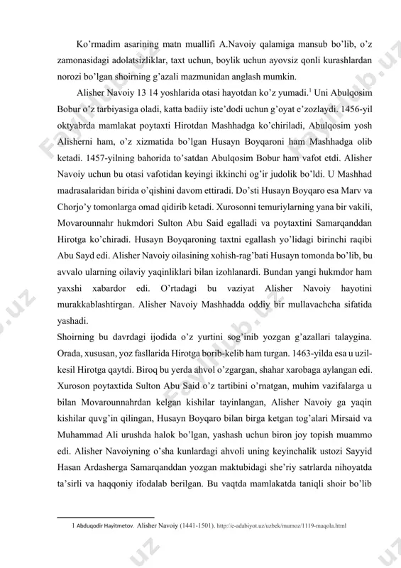 atgan, muhim vazifalarga u bilan movarounnahrdan kelgan kishilar tayinlangan, alisher navoiy ga yaqin kishilar quvg’in qilingan, husayn boyqaro bilan birga ketgan tog’alari mirsaid va muhammad ali urushda halok bo’lgan, yashash uchun biron joy topish muammo edi. alisher navoiyning o’sha kunlardagi ahvoli uning keyinchalik ustozi sayyid hasan ardasherga samarqanddan yozgan maktubidagi she’riy satrlarda nihoyatda ta’sirli va haqqoniy ifodalab berilgan. bu vaqtda mamlakatda taniqli shoir bo’lib qolgan alisher navoiyni abu sayd ta’qib qilib, hirotdan chiqarib yuboradi. shoir samarqandga ketishga majbur bo’ladi. uning ko’rmadim, topmadim kabi radifli g’azallari ham shu davrda, aniqrog’i, mashhaddan hirotga qaytib, shaxsiy turmushini izga solish taraddudida yurganda, lekin uning moddiy jihatdan nochor ahvoldaligi tufayli oila qurishi qiyinlashgan, sulton abu sayd esa uni ta’qib qilgan paytda yozilgan bo’lib, uning har bayti yurakni tirnaydi. kimga qildim bir vafo, kim yuz jafosin ko’rmadim,[footnoteref:2] [2: maraim jalilov.qo‘shiqlar xrestomatsiyasi. 2-kitob. toshkent 2003.103-bet. ] ko’rgazib yuz mehrining dardu balosin ko’rmadim baytida shoir zamonasidagi amaldorlar, ulamolar …