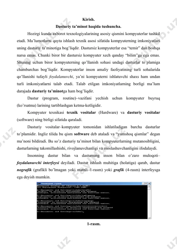 mumkin. 1-rasm. kompyuterda ishlayotgan dasturlarni shartli ravishda quyidagi 3 turga ajratish mumkin: bu ajratishning shartli ravishda deyilishiga sabab shuki, dasturiy ta’minotning keskin rivojlanishi va kompyuterlar qo’llanish sohasining kengayibborishi ba’zi dasturlarning bir turdan boshqa turga o’tib qolishiga sabab bo’lmoqda. masalan, ba’zi amaliy dasturlarning qo’llanilish sohasi chuqurlashib borganligidan uskunaviy dasturga aylanib bormoqda (makromedia flash, autocad va b). hozirgi kunda dasturiy ta’minotni quyidagi o’zaro bog’langan guruhlar orqali ifodalash mumkin: · operatsion sistemalar va qobiq-dasturlar (ms dos, windows, unix, linux, norton commander, total commander, far va b. ); · dasturlash sistemalari (basic, visual basic, paskal, delphi, c++); · uskunaviy sistemalar; · ma’lumotlar omborini boishqarish tizimlari-mobt (foxpro, acces,paradox); · mashina grafikasi sistemalari(ilmiy, o’quv, animatsion, ijodiy); · integrallashgan dasturlar paketi(word, excel, acces); · amaliy dasturiy ta’minot; sistemaviy dasturiy ta’minot. os, drayverlar, utilitlar. sistemaviy dasturiy ta’minot – asosan boshqarish va tekshirish vazifalarini bajaruvchi dasturlar, masalan: a) kompyuter qurilmalarini boshqarish (protsessor, xotira, kiritish-chiqarish); b) foydalanilayotgan ma’lumot nusxalarini xosil …
