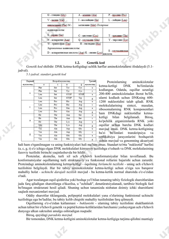 lgilarini katta lotin harflari bilan quyidagicha ishlatamiz: polar bo'lmagan aminokislotalar: masalan, (glu)r - arginin (arg). yoki jadvalga qarang. 0. genetik kod genetik kod shifrdir: dnk ketma-ketligidagi uchlik harflar aminokislotalarni ifodalaydi (5.1-jadval). 5.1-jadval. standart genetik kod proteinlarning aminokislotalar ketma-ketligi dnk bo'limlarida kodlangan. odatda, oqsillar uzunligi 200-400 aminokislotadan iborat bo'lib, ularni kodlash uchun dnkning 600-1200 nukleotidini talab qiladi. rnk molekulalarining sintezi, masalan, ribosomalarning rnk komponentlari ham dnkdagi nukleotidlar ketma-ketligi bilan belgilanadi. biroq, ko'pchilik organizmlarda rnk yoki oqsillar uchun barcha dnk kodlari mavjud emas. dnk ketma-ketligining ba'zi bo'limlari transkripsiya va replikatsiya jarayonlarini boshqarish uchun mavjud va genomning aksariyati hali ham o'rganilmagan va uning funktsiyalari hali ma'lum emas. standart to'rtta "nukleotid" harfini (a, c, g, t) o'z ichiga olgan dnk molekulalari kimyoviy tuzilishga o'xshash va dnk molekulasining fazoviy tuzilishi birinchi yaqinlashuvda bir hildir. proteinlar, aksincha, turli xil uch o'lchovli konformatsiyalar bilan tavsiflanadi. bu konformatsiyalar oqsillarning turli strukturaviy va funksional rollarini bajarishi uchun zarurdir. proteindagi …