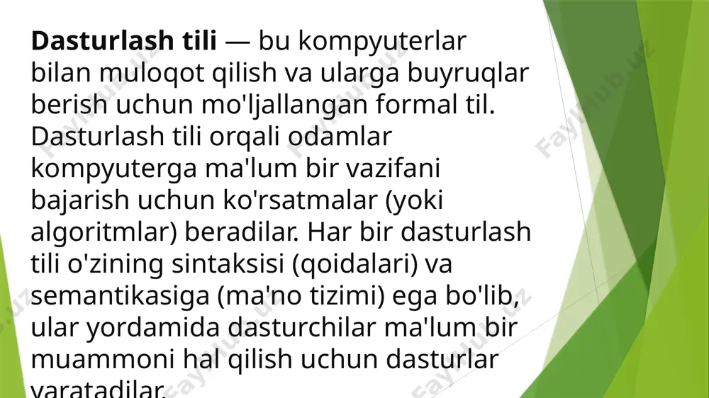 kodining buyruqlarini ifodalaydi. masalan, "mov" (move) yoki "add" (addition) kabi komutlar yordamida ma'lumotlarni ko'chirish yoki hisoblash amalga oshiriladi. assembler tili mashina kodiga qaraganda o'qilishi osonroq bo'lsa-da, hali ham kompyuter apparatiga juda bog'liq edi. 2. yuqarilangan tillar (high-level languages) yuqarilangan dasturlash tillari mashina kodidan ancha yuqori bo'lib, ular inson uchun tushunarli va o'qilishi oson bo'ladi. bu tillar kompyuterning apparatiga nisbatan mustaqil va asosan umumiy dasturlash maqsadlari uchun ishlatiladi. fortran (1957): fortran (formula translation) — birinchi yuqori darajali dasturlash tili bo'lib, ilmiy hisob-kitoblar va matematik modellashtirishda ishlatilgan. fortran ilmiy va muhandislik sohalarida keng tarqaldi. cobol (1959): cobol (common business-oriented language) esa biznes va ma'lumotlarni qayta ishlash uchun ishlab chiqilgan. cobol juda katta miqdordagi ma'lumotlarni qayta ishlash imkonini beradi va uzoq vaqt davomida yirik korxonalar va davlat idoralarida ishlatildi. algol (1960) va lisp (1958): algol matematik va ilmiy hisoblashlar uchun yaratilgan dasturlash tili bo'lib, uning sintaksisi ko'plab keyingi tillarga ta'sir ko'rsatgan. lisp esa …