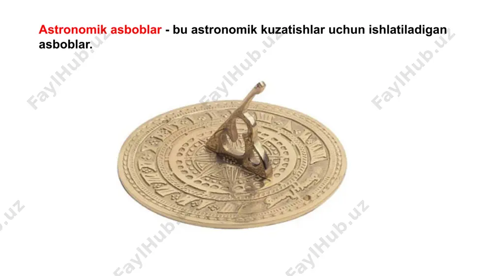 balandligini belgilash yoki kuzatuvchi joyi koordinatalarini aniqlash maqsadida koʻrinadigan jismlar orasidagi burchaklarni oʻlchash uchun moʻljallangan koʻzguli qaytargichli asbob. uning yordamida 140° gacha burchaklarni oʻlchash mumkin. s.ning ishi yorugʻlikning yassi koʻzgulardan qaytish qonuniga asoslangan. asosan, korpus, kuzatuv trubkasi (optik trubka) va shkaladan iborat. limbi aylananing 1/6 qismi (60°) ni tashkil kiladi (nomi shundan). s. yordamida, mas, kosmonavt osmondagi oriyentirlar orasidagi burchak masofani yoki oy sirtiga qoʻnganda ularning mahalliy ufqsan balandligini aniqlaydi. s. qadimdan koʻpgina rasadxonalarda (mas, ulugʻbekrasadxonasit) qoʻllanib kelgan.[1] sextant- bu o'lchov o'tkazilayotgan hududning geografik koordinatalarini aniqlash maqsadida ufqdan quyosh va boshqa kosmik jismlarning balandligini o'lchash uchun ishlatiladigan navigatsiya o'lchov asbobidir. teleskop teleskop (qadimgi yunon tilidan tῆle[tele] — uzoq + skepé[skopein] — qarayman) — elektromagnit nurlanish (masalan, koʻrinadigan yorugʻlik) toʻplash orqali olisdagi jismlarni kuzatishda yordam beruvchi asbob. teleskopni osmonga qaratib, uni teleskopga aylantirgan va yangi ilmiy ma'lumotlarni olgan birinchi odam galiley edi. 1609 yilda u o'zining birinchi teleskopini uch marta kattalashtirishni …