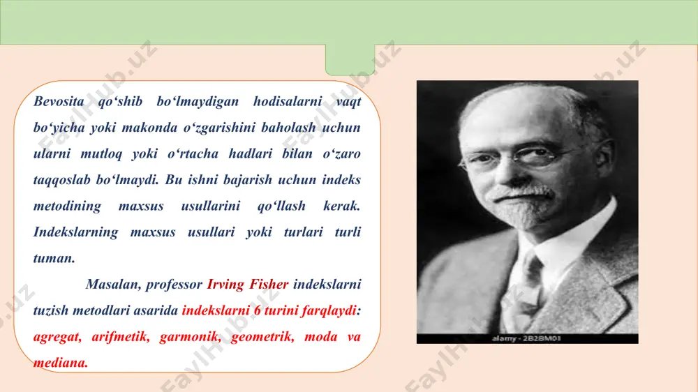 garishini indeksda ko‘rsatadi. mahsulot fizik hajmi (miqdori) indeksi aniq biror mahsulotning (xizmatning) joriy davrdagi miqdorini (q1) o‘tgan (bazis) davrdagi ishlab chiqarilgan miqdoriga (q0) bo‘lish bilan aniqlanib, ushbu davrda bu mahsulot ishlab chiqarish hajmi indeksda qanday o‘zgarganligini bildiradi. misol: sement zavodi joriy oyda 800 t mahsulot ishlab chiqardi. o‘tgan yili shu oyda zavod 600 tonna sement ishlab chiqargan edi. demak, mahsulot fizik hajmi yakka indeksi i=q1:q0=800:600=1,33. bu zavod joriy oyda o‘tgan davrga nisbatan sement ishlab chiqarish hajmini 33 foizga ko‘paytirganini bildiradi. 13 bahoning (narxning) yakka indeksi joriy davrda biror-bir mahsulot (tovar, xizmat) turining narxi o‘tgan davrga nisbatan qanday o‘zgarganligini bildiradi. shuning uchun ham biror mahsulot joriy davrdagi bahosini (p1) o‘tgan davrdagi bahosiga (p0) bo‘lib topiladi. misol: samarqand marmar bozorida 1 kg kartoshkaning narxi 2018 yil aprel oyida 2800 so‘m bo‘lsa, shu yil may oyiga kelib kartoshkaning narxi 2500 so‘m bo‘lgan. kartoshkaning narxi indeksi ip=p1:p0=2500:2800=0,893 ya’ni 1 kg kartoshkaning narxi ushbu davrda …