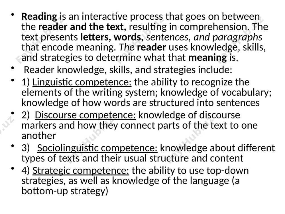 hat in fact it is not a single monolithic skill. rather it is a behaviour which is made up of a large number of component skills sometimes referred to as microskills. methodologists have also come to believe that the types of reading done in the language classroom should reflect the many uses to which reading is put in real life. you use reading not only for study purposes but also for daily living. you read not just novels, essays, and poetry, but also newspapers, instruction manuals and the labels on the products you buy in the supermarket. thinking of this variety of reading tasks, you can see that different tasks require different approaches. for maximum efficiency, students must be taught to vary their approach to suit the purpose of their reading. reading is one of the main skills that a pupil must acquire in the process of mastering a foreign …