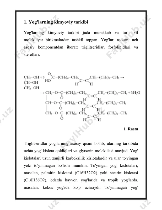 ajratish va tozalash usullari yog'larni ajratish va tozalash jarayoni muhim sanoat tarmoqlaridan biri hisoblanadi. ushbu jarayonlar yog'larni yangi turdagi mahsulotlarga aylantirish, ularning qimmatli fraktsiyalarini ajratish va zararli yoki istalmagan komponentlardan tozalash uchun qo'llaniladi. 2 rasm ### yog'larni ajratish usullari 1. **presslash**: bu usul ko'pincha o'simlik yog'larini olishda qo'llaniladi. urug'lar yoki mevalar maxsus presslar yordamida siqiladi va shu orqali yog' ajratiladi. mexanik presslar yog'ni ajratishning eng qadimgi usullaridan biri bo'lib, u asosan kichik hajmli ishlab chiqarish uchun mos keladi. 2. **ekspllyeratsiya (solvent extraction)**: ushbu jarayon kimyoviy moddalar yordamida yog' ajratishni anglatadi. masalan, heksan kabi organik erituvchilar yordamida yog'lar o'simlik materiallaridan ajratib olinadi. bu usul katta hajmdagi o'simlik xom ashyosidan yog' olishda yuqori samarali hisoblanadi. 3. **santifugal usul**: bu tarzda ajratish yog'ni suyuqlikdan ajratish uchun ishlatiladi. maxsus sentrifugalar yordamida yog' va suv o'rtasidagi zichlik farqidan foydalanib, yog' ajratiladi. ushbu usul ko'pincha sut mahsulotlaridan yog' ajratishda qo'llaniladi. 4. **filtrlash va qadoqlash**: yog'larni filtrdan …