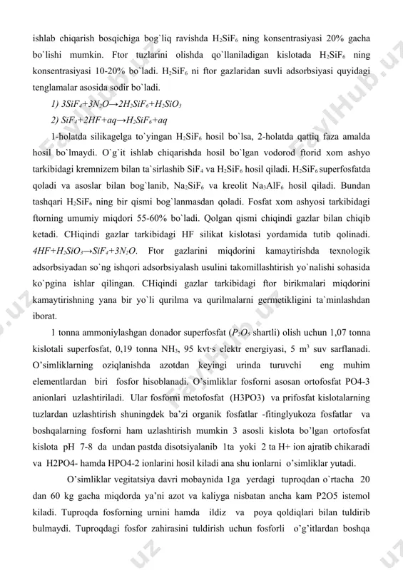 i asosan ortofosfat po4-3 anionlari uzlashtiriladi. ular fosforni metofosfat (h3po3) va prifosfat kislotalarning tuzlardan uzlashtirish shuningdek ba’zi organik fosfatlar -fitinglyukoza fosfatlar va boshqalarning fosforni ham uzlashtirish mumkin 3 asosli kislota bo’lgan ortofosfat kislota ph 7-8 da undan pastda disotsiyalanib 1ta yoki 2 ta h+ ion ajratib chikaradi va h2po4- hamda hpo4-2 ionlarini hosil kiladi ana shu ionlarni o’simliklar yutadi. o’simliklar vegitatsiya davri mobaynida 1ga yerdagi tuproqdan o`rtacha 20 dan 60 kg gacha miqdorda ya’ni azot va kaliyga nisbatan ancha kam p2o5 istemol kiladi. tuproqda fosforning urnini hamda ildiz va poya qoldiqlari bilan tuldirib bulmaydi. tuproqdagi fosfor zahirasini tuldirish uchun fosforli o’g’itlardan boshqa manba yo`q. fosforli o’g’itlar eruvchanligiga va o’simliklarga kqrab 3 guruhga bo`linadi: 1.suvda yahshi eriydigan o’g’itlar oddiy superfosfat va qo`sh superfosfat. 2. suvda kam eriydigan lekin kuchsiz kislotalarda eriydigan o’g’itlar pretsipitat, tomasshlak, termofos-fatlar, ftorsizlantirilgan fosfat. 3. suvda erimaydigan faqat kuchli kislotalarda tupik eriydigan o’g’itlar - fosforit uni suyak uni …