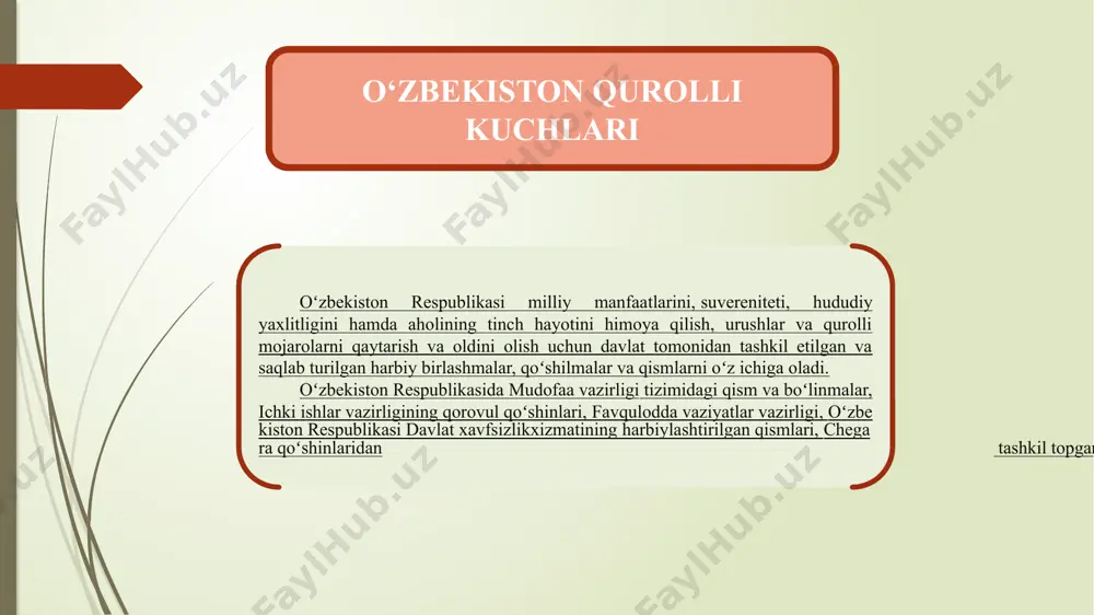 masining 1991-yil 25-oktyabrdagi qaroriga binoan, mudofaa ishlari vazirligining huquqiy maqomi, tuzilishi va nizomlari tasdiqlandi. turkiston harbiy okrugi boshqaruv organlari negizida mudofaa ishlari vazirligi bosh shtabi va boshqarmalari tuzildi. o’zbekiston qurolli kuchlari tarkibiga havo hujumidan mudofaa qoʻshinlari va harbiy havo kuchlari quruqlikdagi qoʻshinlar maxsus qo’shinlar chegara va ichki qoʻshinlar favqulodda vaziyatlar vazirligi milliy xavfsizlik 1993-yilning 22-noyabrda „oʻzbekiston respublikasi qurolli kuchlari harbiy qismining jangovar bayrogʻi toʻgʻrisida“gi prezident farmoni imzolanib, qurolli kuchlar jangovar bayrogʻining yagona namunasi belgilandi. oʻzr oliy kengashining 1993-yil 29-dekabrdagi oʻzbekiston respublikasining „vatan himoyachilari kunini belgilash toʻgʻrisida“gi qonuniga binoan, 14-yanvar vatan himoyachilari kuni, deb eʼlon qilindi. 1995-yil avgustida qabul qilingan oʻzr harbiy doktrinasi mamlakatning harbiy sohadagi siyosatini belgilab berdi. mintaqadagi harbiy siyosiy vaziyatdan kelib chiqqan hodda 2000-yil 3-fevral kuni oʻzbekiston respublikasining mudofaa doktrinasi qabul qilindi. harbiy oliy o’quv yurtlari toshkent oliy tank-qo'mondonlik bilim yurti 1993-yil 1-apreldan boshlab “chirchiq oliy tank qo'mondonlik-muhandislik bilim yurti” deb qaytadan nomlanib, faoliyatini yangicha tartibda bosh­ladi.. 1995-yilning …