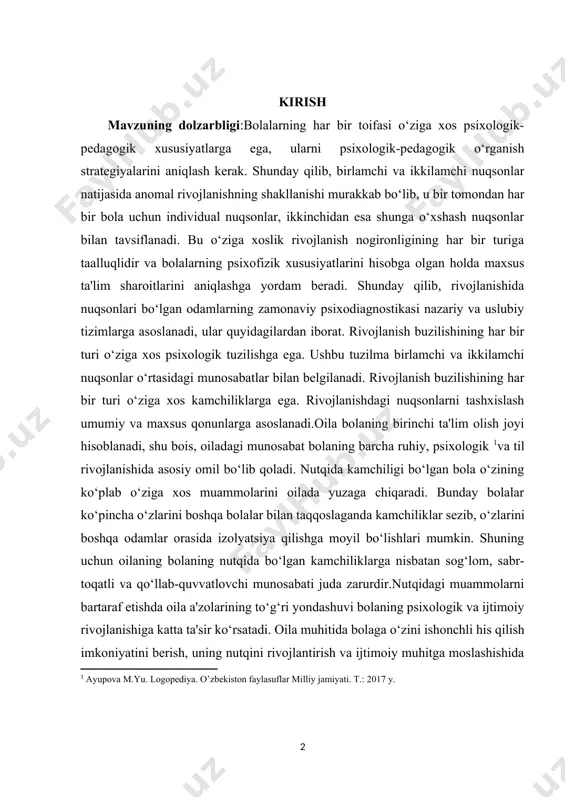 buzilishining har bir turi o‘ziga xos kamchiliklarga ega. rivojlanishdagi nuqsonlarni tashxislash umumiy va maxsus qonunlarga asoslanadi.oila bolaning birinchi ta'lim olish joyi hisoblanadi, shu bois, oiladagi munosabat bolaning barcha ruhiy, psixologik [footnoteref:1]va til rivojlanishida asosiy omil bo‘lib qoladi. nutqida kamchiligi bo‘lgan bola o‘zining ko‘plab o‘ziga xos muammolarini oilada yuzaga chiqaradi. bunday bolalar ko‘pincha o‘zlarini boshqa bolalar bilan taqqoslaganda kamchiliklar sezib, o‘zlarini boshqa odamlar orasida izolyatsiya qilishga moyil bo‘lishlari mumkin. shuning uchun oilaning bolaning nutqida bo‘lgan kamchiliklarga nisbatan sog‘lom, sabr-toqatli va qo‘llab-quvvatlovchi munosabati juda zarurdir.nutqidagi muammolarni bartaraf etishda oila a'zolarining to‘g‘ri yondashuvi bolaning psixologik va ijtimoiy rivojlanishiga katta ta'sir ko‘rsatadi. oila muhitida bolaga o‘zini ishonchli his qilish imkoniyatini berish, uning nutqini rivojlantirish va ijtimoiy muhitga moslashishida samarali yordam ko‘rsatish mumkin. oila nutq rivojlanishining dastlabki bosqichlarida bolaning nutqida yuzaga kelgan kamchiliklarni tan olib, to‘g‘ri pedagogik yondashuvni tanlashi kerak. bu nafaqat bolaning nutqini yaxshilashga, balki uning emotsional va psixologik holatini muvozanatlashishga ham yordam beradi.shuningdek, …