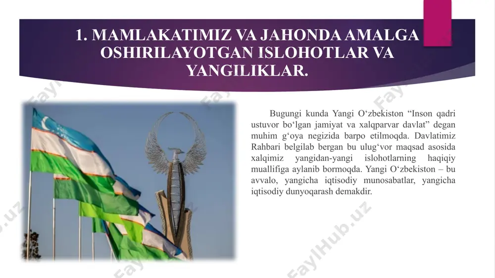 rimizga har qancha tahsinlar aytsak, arziydi!” shavkat mirziyoyev 2. “1-oktabr — o‘qituvchi va murabbiylar kuni” o‘qituvchi va murabbiylar kunini belgilash to‘g‘risida o‘zbekiston respublikasi birinchi prezidenti i.a.karimov 1996-yil 27-dekabrda “1-oktabr – o‘qituvchi va murabbiylar kuni” hamda u bayram (dam olish) kuni deb e’lon qildi. dunyo imoratlari ichida eng ulug‘i maktab bo‘lsa, kasblarning ichida eng sharaflisi o‘qituvchilik va murabbiylikdir. islom karimov. 2. “1-oktabr — o‘qituvchi va murabbiylar kuni” ustoz – muallimsiz qolganda zamon, nodonlikdan qaro bo‘lardi zamon. abdurahmon jomiy har bir millatning saodati, davlatning tinchi va rohati yoshlarning yaxshi tarbiyasiga bog‘liqdir. abdulla avloniy haq yo‘lida kim sanga bir harf o‘qitmish ranj ila, aylamak bo‘lmas ado oning haqin ming ganj ila. alisher navoiy 2. “1-oktabr — o‘qituvchi va murabbiylar kuni” ustoz bu kim? xalqimiz orasida “ustoz – otangdek ulug‘” maqoli juda ham mashhur. ustoz namunasi sanalgan o‘qituvchilik azal – azaldan e’tiborli kasb hisoblanib kelgan. dunyoning deyarli barcha mamlakatlarida o‘qituvchi – murabbiylarga nisbatan alohida …