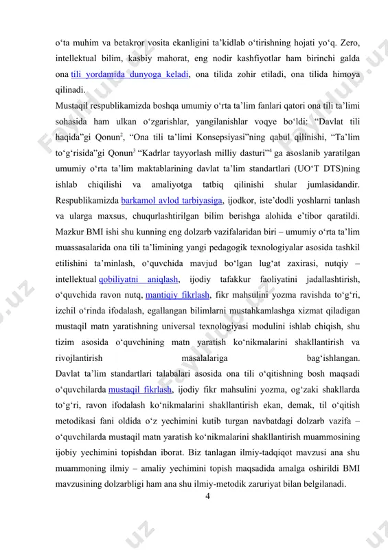 fikrlashga yo’naltirish, fikr mahsulini to’g’ri, ravon, o’rinli ifodalashga o’rgatish ekan, uni amalga oshirishning ishonchli omillaridan biri – matn yaratishning samarali texnologiyasini ishlab chiqish, uni o’quv amaliyotiga izchil joriy etish, o’quvchini muammoli o’quv topshiriqlari orqali izlanish va kashf qilishga yo’naltirish, o’quvchi lug’at boyligini kengaytirish jarayonida nutqiy faoliyatini shakllantirish, (so’zning lug’aviy ma’nolarini sharhlash) fikr ifodalash (og’zaki nutq va matn yaratish)da so’zni tanib va tanlab ishlatishni talab qiluvchi o’quv topshiriqlari, nutqiy madaniyatni yuksaltiruvchi ko’nikma va malakalar tizimi bilan qurollantirishdir. boshlang’ich sinfda matn yaratishning asosiy maqsadi – matn ustida ishlash bilan esa matnning tili, mantiqiy va uslubiy shakllanganlik darajasi o„rganiladi, o’quvchining kommunikativ savodxonlik darajasi esa, matn yaratish mahoratini aniqlash jarayonida o’z yechimini topadi. boshlang’ich sinlarda ona tilining yangi – yangi ifoda imkoniyatlarini izlab topish va uni dars jarayoniga tadbiq etish o’quvchilarning ijodiy tafakkur, hodisalarni kuzatish, anglash, qiyoslash, analiz va sintez, tanlash, guruhlash, yaratish kabi bilish qobiliyatlarini takomillashtirib, ularda milliy mafkura, mustahkam e‟tiqod, milliy dunyoqarashini …