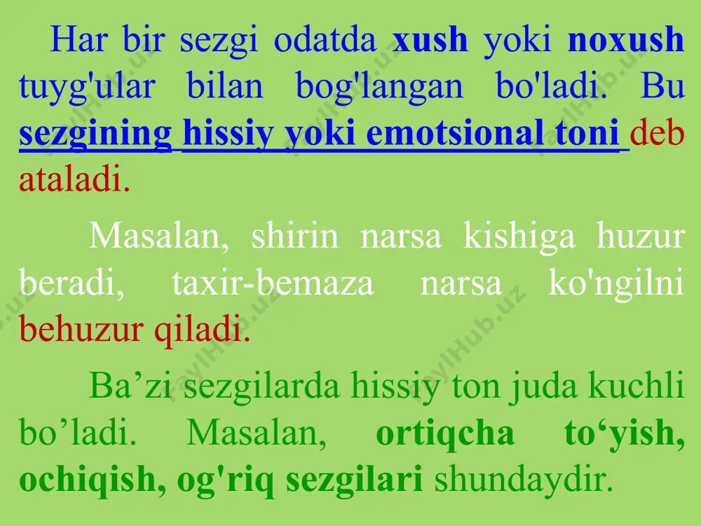 ariga o'xshaydi. asosiy membranani yuqori tomondan maxsus tayoqchasimon hujayralar berkitib turadi, bu hujayralar kortiy duralari deb ataladi. asosiy membrananing tolalari endolimfaga eng ingichka qillari botib turadigan maxsus hujayralar yordami bilan kortiy duralari orqali eshitish nerviga bog'lanadi. eshitish markazlari bosh miya po'stining chekka bo'lagidadir. � � eshitish sezgilarining fizik sababi - havo to'lqinlarining harakati bo'lib, bu havo to'lqinlari tovush chiqaruvchi jismlar tebranganda hosil bo'ladi. musiqiy tovushlar to'lqinlarning tekis, ritmik harakatlari natijasida hosil bo'ladi, shovqinli tovushlar esa to'lqinlarning notekis harakatlaridan tug'iladi. tovush balandligi asosiy tonning balandligi bilan belgilanadi. ton balandligi tovush to'lqinlarining vaqt birligi hisobi bilan tezlik darajasiga (chastotasiga) bog'liq. tovush chiqaruvchi jismlar tebranish tezligi (chastotasi) qancha ko'p bo'lsa, eshitiladigan tovush shuncha yuqori bo'ladi. sekundiga 16-20 dan tortib 20000-22000 tebranish bo'lganda odam qulog'i tonlarni seza oladi. sekundiga 100 dan tortib, 5000 gacha tebranuvchi o'rtacha balandlikdagi tonlarning farqi, ayniqsa, yaqqol seziladi. musiqa asboblari (royal) soniyasiga 20 dan tortib, 4200 gacha tebranish doirasida 7 …