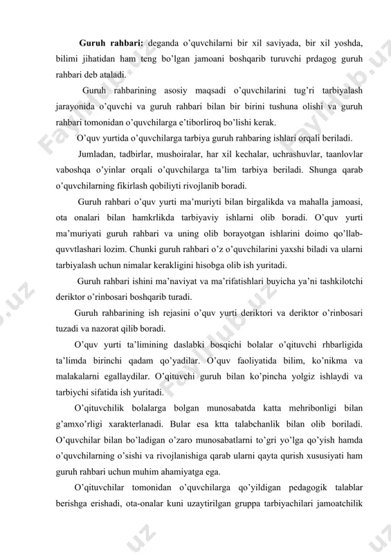 o’ziga katta avlodning eng yaxshi fazilatalrni g’oyaviy e’tiqod va matonatini, vatanga muxabbatini, uning iqtisodiy-siyosiy va jangovar qudratini mustahkamlashda ishtirok etishiga intilishini singdiribgina o’z bobolari va otalari ishini davom ettirib va ko’paytira oladi. oila ham jamiyatining bir bo’lagi xisoblanadi. oilada bola tarbiyasini yo’lga qo’yish juda katta ahamiyatga ega. oila boshqa tarbiyaviy muassasalardan farqli ravishda odamning butun hayoti davomida uning barcha tomonlariga qirralariga ta’sir ko’rsatishiga qodirdir va odatda ta’sir ko’rsatadi. oila tarbiya vazifasining bu ulkan miqyosi uning mafkuraviy va psixologik ta’sir ko’rsatishning chuqur o’ziga xosligi bilan uyg’unlashib ketadi. ota-onalar bilan ish shakllari odatda guruh rahbari o’z shaxsiy xususiyatlarini tajribasini o’quvchilarning oilalarida vujudga kelgan oziga xos xususiyatlarini, ota-onalarini bilim va tajribasini, bolalarni tarbiyalashda yuqorida ko’rsatib o’tilgan xatolar va qiyinchiliklarni, fe’l-atvor xususiyatlari o’quv yurti pedagoglar jamoasidagi muxitni ota-onalar bilan ish olib borishda tarkib topgan an’analarni va hokozolarni hisobdan olib belgilaydi. ota-onalarga pedagogik bilim berishni amalga oshirishda faqat bilim berib qolmasdan, ularni tarbiya soxasidagi amaliy …