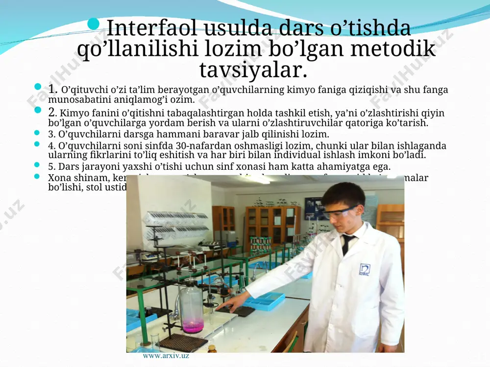 inib, filtr qog’oz ustida skalpel yordamida mayda bo’laklarga bo’linadi. natriy va kaliy metallarining mayda bo’laklari, qolgan filtr qog’ozlarni rakvinaga va axlat chelagiga tashlash qat’iy man etiladi, chunki u yong’in chiqishiga sabab bo’lishi mumkin. ularni maxsus idishlarga solish yoki spirtda eritib yuborish kerak. www.arxiv.uz www.arxiv.uz 6. oson uchuvchan va tez yonuvchan organik erituvchilar (etil efir, metil spirt, etil spirt, benzol, toluol, aseton, benzin, petroley efir va h,k.) saqlanadigan idish og’zini ochiq holda alanga yoki elektr plitalar oldida qoldirish man etiladi. bunday eritmalarni laboratoriyada bir litrdan ko’p saqlash mumkin emas. 7. reaksiya olib borilayotgan probirka va kolbani qizdirish zarur bo’lsa, qizdirilayotgan idishning og’zini odam ishlamayotgan tomonga qaratish kerak. 8. tajriba o’tkazilayotganda asbobning ulangan joylarini kuzatib turish kerak. 9. suyuqliklarni yopiq sistemali haydash asbobida haydash mumkin emas, aks holda haydash asbobi yorilishi mumkin. shuning uchun yig’gich idish ochiq bo’lishi kerak. 10. vodoprovod suvi shisha sovutgichlarga rezina naylar orqali ulanadi, ulangan yerlarini bog’lab qo’yish …