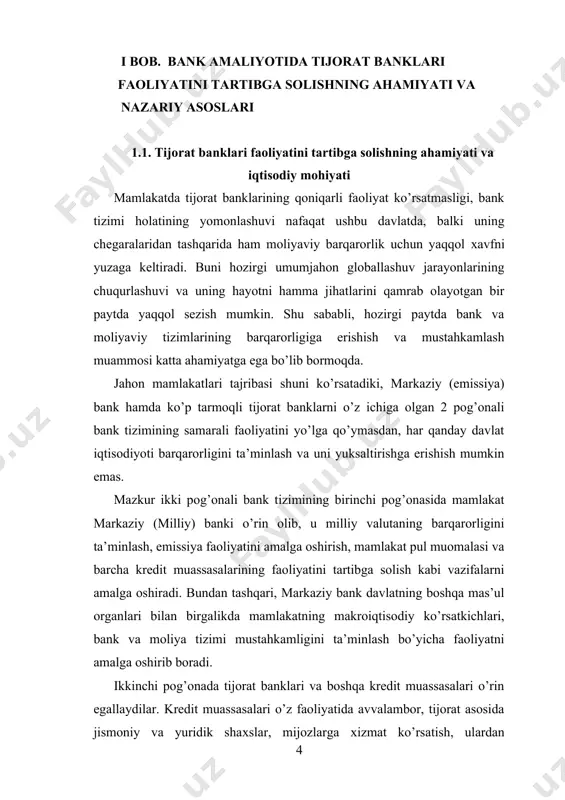 sati, baho siyosati, budjet siyosati, muvozanatlashgan to’lov balansiga erishish, ish haqi va bandlik siyosati makroiqtisodiy siyosatning muhim tarkibiy qismlaridan hisoblanadi. pul – kredit siyosati barcha davlatlarda markaziy bank (ko’pgina davlatlarda u milliy bank, aqshda esa federal rezerv tizimi deb yuritiladi) tomonidan amalga oshiriladi. tijorat banklar faoliyatini tartibga solish va bank faoliyati ustidan nazorat qilish tushunchalari qisman o’хshash ko’rinsada, bir-birini to’ldiruvchi tushunchalar bo’lib, ular o’rtasida bir qator farqlar mavjud. tijorat banklari faoliyatini tartibga solish – bu vakolatli davlat organi tomonidan qonunchilikka asosan bank ishi yuritish tartibi va uslublari yuzasidan aniq qoida va yo’riqnomalarni shakllantirish va ishlab chiqish tushuniladi. mazkur qoida va yo’riqnomalar barcha tijorat banklari uchun majburiy hisoblanadi. banklar faoliyati ustidan nazorat alohida banklar ishonchligi va barqarorligini ta’minlash uchun amalga oshiriladi. nazorat deganda tijorat bank o’z faoliyatini yo’riqnoma va qonunchilikka asosan yuritishini vakolatli davlat organi tomonidan uzluksiz nazorat qilinishi tushuniladi. o’tgan asrning oхirida aqsh va boshqa anglo-sakson bank tizimiga ega mamlakatlarda …