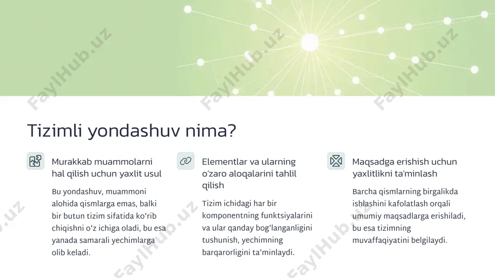 ash tizimning to'g'ri ishlashini va talablarga javob berishini tekshirish. tizimni joriy etish tizimni foydalanishga topshirish va uni ishga tushirish. tizimni qo'llab-quvvatlash va takomillashtirish tizimni doimiy ravishda kuzatish, xatolarni tuzatish va yangilash. har bir bosqich oldingisiga bog'liq bo'lib, umumiy tizimning muvaffaqiyatli rivojlanishini ta'minlaydi. bu iterativ jarayon bo'lib, har bir bosqichda qayta ko'rib chiqish va moslashuv imkoniyatini beradi. 4 muammoni aniqlash asosiy muammoni aniq belgilash muammoning mohiyatini tushunish va uni qisqa, aniq jumlalarda ifodalash, masalan, "transport tizimidagi tirbandlik muammosi". muammoning sabablarini tahlil qilish tirbandlikka olib keladigan omillarni o'rganish: infratuzilma kamchiliklari, jamoat transporti yetishmovchiligi, shaxsiy avtomobillarning ko'payishi kabi. maqsadlarni aniq ifodalash muammoni hal qilish natijalarini aniq belgilash, masalan, "tirbandlikni 20% ga kamaytirish va umumiy sayohat vaqtini qisqartirish". bu bosqich loyihaning asosini tashkil etadi va to'g'ri muammo ta'rifi keyingi barcha bosqichlarning muvaffaqiyatini ta'minlaydi. muammo qanchalik aniq bo'lsa, yechim shunchalik samarali bo'ladi. 5 tizim talablarini aniqlash tizimga qo'yiladigan talablarni aniqlash tizimning nima qilishi kerakligini belgilaydigan …