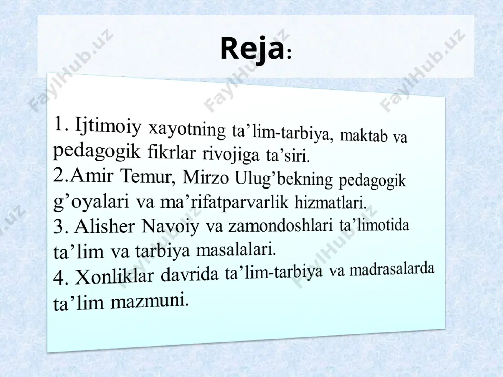 . bunda odam uchun barcha kibr-uhavo, manmanlik, shon-shuhrat bema’ni bo’lib ko’rinadi, shunda u orif, ya’ni bilimli, xudoni tanigan bo’ladi. to’rtinchi bosqich – haqiqat. bunda so’fiy xudoning dargohiga erishadi, vasliga vosil bo’ladi, u bilan birlashadi, shu оrqаli inson foniy, ya’ni «analhaq» bo’la oladi. movaraunnahrda amir temur tomonidan markazlahgan davlat barpo etilishi va uning fan, madaniyat va ma’rifat rivojiga qo’shgan hissasi. amir temur ko’ragon ibn amir tarag’ay 1336 yil 9 aprelda kesh (hozirgi shahrisabz)ga qarashli xo’jailg’or (hozir yakkabog’ tumanida) qishlog’ida amir tarag’ay oilasida tavallud topdi. temurning onasi tegina begim buxorolik «sadrash-shahriah-sharias» ulug’i, taniqli olim ubaydullohning qizi bo’lgan. o’sha paytda kesh va unga tobe yerlarning bekligi amir tarag’ayning og’asi xoji barlos qo’lida edi. amir temurga ko’ragon, sohibqiron qutbiddin, abdulmansur kabi unvonlar qo’shib aytilgan. ko’p atamalarda ko’ragon so’zi - xon kuyovi mahnosini bildiradi. amir temurdagi buyuk insonga xos sifatlar birinchi sifat: beg’arazlik, boyni kambag’aldan ustun qo’ymaslik. ikkinchi sifat: islomga qathiy amal qilish. uchinchi sifat: …