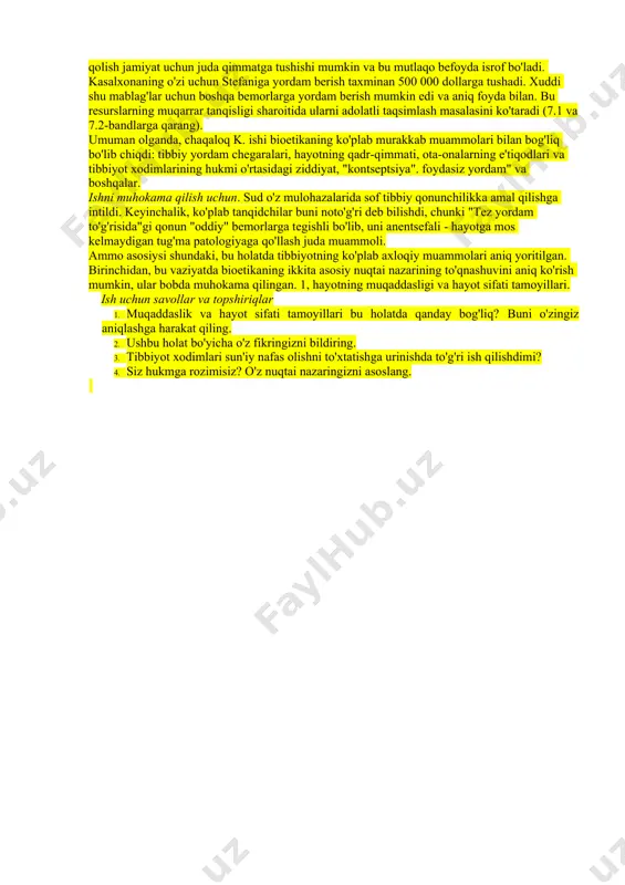 ma'lumotlarni taqdim etishdir. axborotli rozilik qoidasi, shuningdek, bemorni huquqlarining buzilishidan, ahvolini suiiste'mol qilishdan, tibbiyot xodimlarining uning manfaatlariga zid harakatlaridan himoya qilish mexanizmi bo'lib xizmat qiladi. axborotlangan rozilikni olishda shifokor bemorga ushbu aralashuvning maqsadlari, kutilayotgan foyda, aralashuvni amalga oshirish uchun zarur bo'lgan shartlar, ushbu protsedura bilan bog'liq mumkin bo'lgan xavflar to'g'risidagi ma'lumotlarni o'z ichiga olgan juda keng miqdordagi ma'lumotlarni taqdim etishi shart. , va boshqa salbiy ta'sirlar (og'riq, noqulaylik, uzoq muddatli oqibatlar va boshqalar), bu aralashuvga alternativalar va boshqalar. ushbu qoidadan istisnolarga faqat majburiy holatlarda va maxsus sabablarga ko'ra yo'l qo'yiladi. qoida tariqasida, rivojlangan mamlakatlarda bu istisnolar qonun bilan aniq tartibga solinadi. bemor o'z roziligini olish huquqidan etarli darajada foydalanishi uchun u ma'lumotni qabul qilish va qaror qabul qilish uchun tegishli qobiliyatga ega bo'lishi kerak. bu qobiliyat tibbiy etikada "kompetentlik" maxsus atamasi bilan belgilanadi. bemorning qobiliyatsizligi (masalan, u behush yoki boshqa sabablarga ko'ra) u uchun qaror tayinlangan tomonidan qabul qilinadi uning …