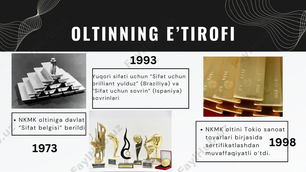qayd etdi. xorijiy investorlar • "ağrı dağı madencilik" • "jindal india limited" • "anglogold ashanti" • "newmont corporation" olma yoxud “oltin” daraxti meva - bu qazib olingan oltin barg- ishchilar yoki aholi tana - davlat va davlat rahbari davlat va davlat rahbari • konlarni boshqarish • l itsenziya berish • eksportni rag 'batlantiri sh o'zbekiston dunyodagi eng yirik oltin ishlab chiqaruvchi mamlakatlardan biri hisoblanadi. bu sohada davlatning roli va uning ahamiyati juda katta. davlat oltin konlarini boshqarish, ishlab chiqarishni rag'batlantirish, xalqaro bozorlarda oltinni sotish va bu soha rivojini qo'llab- quvvatlashda muhim rol o'ynaydi. • investitsiya jalb et ish • ishlab chiqarishni qo 'llab- quvvatlash oltin eksport o'zbekiston iqtisodiyotining muhim qismini tashkil etadi va davlat byudjeti daromadlarini ko'paytirishga yordam beradi. oltin qazib olish sohasida ko'plab ish o'rinlari yaratiladi, bu aholining ish bilan bandligini oshirishga yordam beradi. davlatning ahamiyati iqtisodiy o'sish ish o'rinlari yaratish texnologik taraqqiyot davlat oltin qazib olish sohasidagi texnologik …