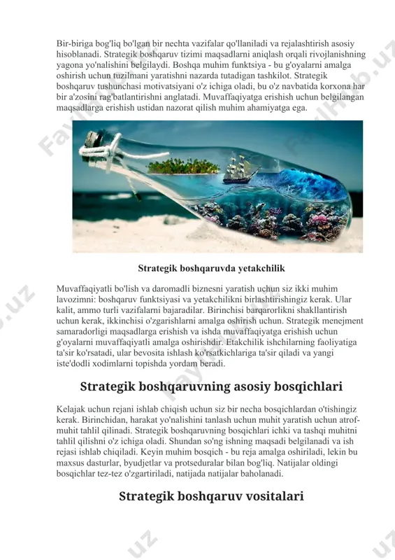 isodiy hududlarni tanlash . ushbu vosita raqobat va kuchayib borayotgan beqarorlik sababli ishlab chiqarishni diversifikatsiya qilish bilan bog'liq. boshqarishda strategik fikrlash korxonaning muvaffaqiyatli bo'lishiga erishish uchun etakchi linklar g'oyalarni tarjima qilishga, muammolarni hal qilishga, jamoada ishlashga va boshqalarga yordam beradigan fikrlash qobiliyatlarini rivojlantirishlari kerak. menejment va rejalashtirish funktsiyalaridan foydalanmasdan quriladigan va ishlatiladigan tashkilotni tasavvur qilish qiyin. strategik boshqaruvning analitik vositasi besh bosqichdan iborat: 1. korxonani tashkil etish, barcha xodimlarni, tarkibi va resurslarni nazarda tutadi. 2. odamlarning xulq-atvorining sabablarini tushunish, kamchiliklarni bartaraf etish va muqobil variantlar orasida eng yaxshisini topish. 3. ko'p fikrlarni tahlil qilish: atrof-muhit, bozor, loyiha va momentning ahamiyati. 4. ishlaydigan kuchlarni aniqlang, ya'ni ishchilarning maksimal vaqtni ajratishi kerak bo'lgan narsalar. 5. korxonaning samaradorligi va bozordagi mavqeini o'z ichiga olgan o'z ideal mavqeini shakllantirish. strategik boshqaruv muammolari har bir kompaniya strategiya orqali o'ylaydi va u ilgari ishlab chiqilgan yoki ish davomida paydo bo'lganligiga bog'liq emas. strategik menejmentning asosiy muammolari …