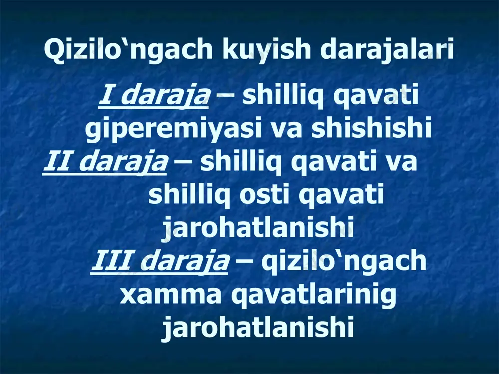 foratsiya va penetratsiya 3.2 malignizatsiya 0.8 qizilo‘ngach divertikulini kesib olish reflyuks-ezofagit tasnifi i. birlamchi qizilo‘ngach va oshqozon motorikasini nerv va peptid (gastrin, gistamin, motilin va boshqalar) regulyasiyasini birlamchi buzilishi ii. ikkilamchi diafragma qizilo‘ngach teshigi churralarida, privratnik stenozida, oshqozon yara kasalligida, xoletsistitda, qorin bo‘shlig‘i katta xajmli o‘smalarda, assitda, xomiladorlikda, oshqozon rezeksiyasidan so‘ng, sklerodermiyada va boshqalarda iii. og‘irlik darajasiga qarab (savari va miller endoskopik klassifikatsiyasi, 1978) kardiospazm davrlari (b.v. petrovskiy) i davr – kardiyani funksional doimiy bo‘lmagan spazmi, qizilo‘ngach kengayishi kuzatilmaydi ii davr – kardiyani stabil spazmi, qizilo‘ngach keskin bo‘lmagan kengayishi bilan iii davr – kardiya mushak qavatining chandiqli o‘zgarishi, qizilo‘ngach keskin kengayishi bilan iv davr – kardiya keskin stenozi, qizilo‘ngach dilyatatsiyasi (ko‘pincha s-simon), ezofagit belgilari bilan kardiospazm ii bosqich iii bosqich iv bosqich kardiospazmni davolash usullari nissen operatsiyasi kardiospazmni davolash usullari qizilo‘ngach axalaziyasi axalaziyada qizilo‘ngach shaklining o‘zgarishi qizilo‘ngach axalaziyasi uchun xos bo‘lgan belgilar disfagiya regurgitatsiya og‘riq (og‘riqlar ovqat qabul qilish bilan …