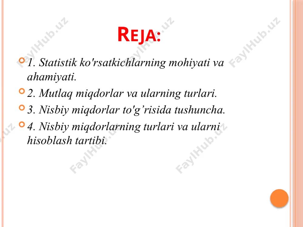 naladi va aniqlanadi. masalan, guruhda talabalar, jamoa xo'jaligida jamoa a'zolari; zavodda ishlab chiqarilgan mashina, stanoklar soni bevosita sanash yo'li bilan aniqlanadi. bunday miqdorlar son ko'rsatkichlari deb yuritiladi. ular butun sonlar ko'rinishida bo'ladi. naturada; shartli naturada; kompleks o'lchov birliklari pulda; mutlaq miqdorlar birliklari s natura-o'lchov birligi deyilganda, o'rganilayotgan hodisaning ichki xususiyatini ifodalovchi og’irlik, uzunlik, hajm va boshqa birliklar tushuniladi. masalan, ishlab chiqarilgan ko'mir – tonna, aholi soni – kishi, ekin maydoni – gektar, bosib o'tilgan masofa – kilometrlarda ifodalanadi. shartli natura – o'lchov birligi deyilganda bir xil turdagi iste'mol qiymatga ega bo'lgan hodisalarni bir xil birlikka keltiruvchi o'lchov birliklari tushuniladi. bu birlik (koeffitsientlar) negizida o'rganilayotgan hodisalarning muhim iste'mol qiymatiga asoslangan nisbatlar yotadi. 3. nisbiy miqdorlar to'g’risida tushuncha. ikkita taqqoslama mutlaq miqdorni bo'lish natijasida olingan umumlashtiruvchi miqdor statistikada nisbiy miqdorlar deb ataladi. nisbiy miqdorlar har xil shakllari ifodalanish mumkin. ularning ifodalanish shakli bazis miqdorning (nisbat maxrajini) qanday birlikka tenglashtirib olinishiga bog’liqdir. shunga …