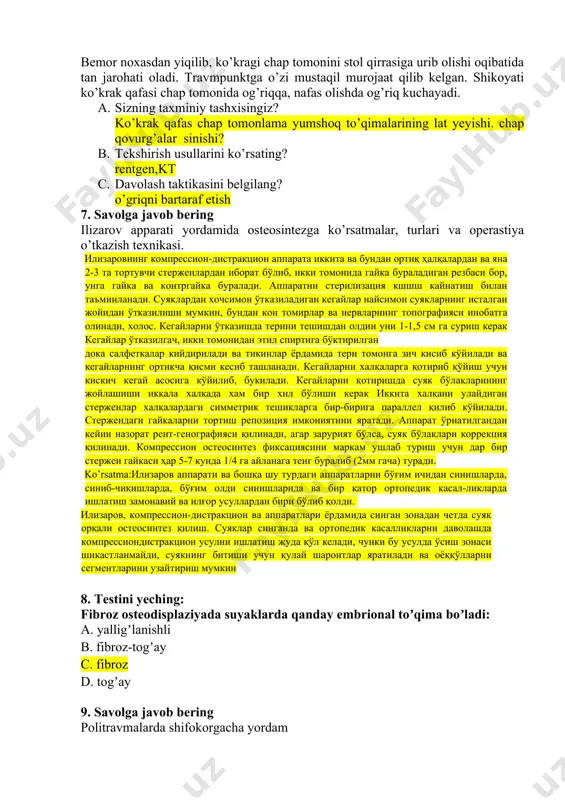 c. davolash taktikasini belgilang? o’griqni bartaraf etish 7. savolga javob bering ilizarov apparati yordamida osteosintezga ko’rsatmalar, turlari va operastiya o’tkazish texnikasi. илизаровнинг компрессион-дистракцион аппарата иккита ва бундан ортиқ ҳалқалардан ва яна 2-3 та тортувчи стерженлардан иборат бўлиб, икки томонида гайка бураладиган резбаси бор, унга гайка ва контргайка буралади. аппаратни стерилизация кшшш кайнатиш билан таъминланади. суяклардан хочсимон ўтказиладиган кегайлар найсимон суякларнинг исталган жойидан ўтказилиши мумкин, бундан кон томирлар ва нервларнинг топографияси инобатга олинади, холос. кегайларни ўтказишда терини тешишдан олдин уни 1-1,5 см га суриш керак кегайлар ўтказилгач, икки томонидан этил спиртига бўктирилган дока салфеткалар кийдирилади ва тикинлар ёрдамида тери томонга зич кисиб кўйилади ва кегайларнинг ортикча қисми кесиб ташланади. кегайларни халқаларга қотириб қўйиш учун кискич кегай асосига кўйилиб, букилади. кегайларни қотиришда суяк бўлакларининг жойлашиши иккала халқада хам бир хил бўлиши керак иккита халқани улайдиган стерженлар халқалардаги симметрик тешикларга бир-бирига параллел қилиб кўйилади. стержендаги гайкаларни тортиш репозиция имкониятини яратади. аппарат ўрнатилгандан кейин …