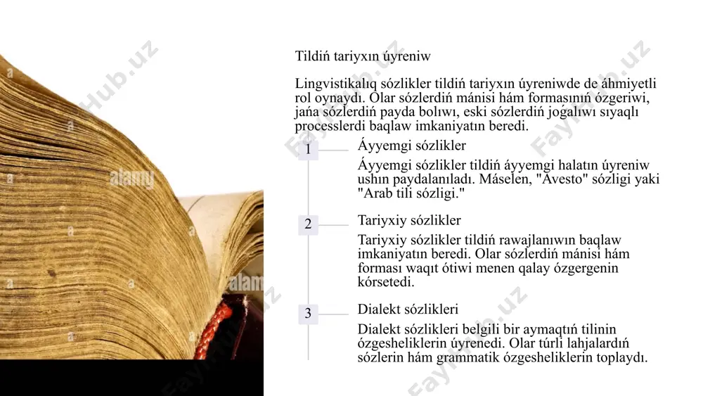 ıqlaw ushın áhmiyetli derek esaplanadı. olar sózlerdiń sinonimleri, antonimleri, omonimleri, polisemiyası hám frazeologizmleri haqqında maǵlıwmat beredi. sinonimlar birdey mánisti bildiretuģın, biraq túrli sózler. mısalı, "úlken" hám "úlken." antonimlar bir-biriniń qarama-qarsı mánisin bildiriwshi sózler. mısalı, "jıllı" hám "suwiq." omonimler birdey jazılıwı, biraq túrli mánisti bildiretuǵın sózler. mısalı, "qalay" (jaziw quralı) hám "qalam" (qus túri). polisemiya bir sózdiń birneshe mániske iye boliwi. mısalı, "daraxt" sózi hám ósimlikti, hám adamnıń násilin bildiriwi múmkin. frazeologizmler óz betinshe mániske iye bolgan sózlerdiń birikpesi. mısalı, "tas atıw," " qulaq salıw." tildiń sózlik qásiyetlerin úyreniw lingvistikalıq sózlikler tildiń sózlik qásiyetlerin úyreniw ushin áhmiyetli qural bolip esaplanadı. olar sózlerdiń mánisi, sinonimleri, antonimleri, omonimleri, polisemiyası, frazeologizmleri, sózlerdiń kelip shıǵıwı hám basqa da sózlik qásiyetlerin anıqlawda járdem beredi. tiykargı sózlikler tiykargı sózlikler tildiń barlıq sózlerin óz ishine aladı. máselen, "ózbek tili sózligi" - bul ózbek tiliniń barlıq sózlerin toplawga uriniw. qánigelesken sózlikler qánigelesken sózlikler belgili bir tarawdı óz ishine aladı. …