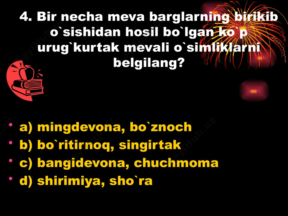 qismlardan tashkil topgan? a) endosperm, po`st, poyacha, murtakcha b) bitta urug`palla, ildizcha. poyacha, kurtakcha c) kurtakcha, endosperm, poyacha, bargcha d) ildizcha, poyacha, kurtakcha, endosperm 48. urug` tarkibida kraxmal borligini qaysi modda yordamida bilish mumkin? a) suv b) yo`d c) kislota d) ishqor 49. meva va urug`ida ilgak, tikan, tuklari bo`lgan o`simliklarni aniqlang ? 1 ittikan 2 sariqchoy 3 qayrog`och 4 zarang 5 qariqiz 6 qayin 7 yovvoyi sabzi 8 aylant 9 qo`ytikan a) 2.7.9.5.1 b) 4.5.3.8.7 c) 9.2.1.5.3 d) 6.7.9.4.1 50. urug’ni unib chiqishi uchun birinchi qanday omil zarur? a) tinim davrini o`tashi b) suv c) yuqori bosim d) organik o`g`itlar 51. urug` murtagi odatda erigan organik moddalardan foydalanib o`sa boshlaydi, shunda birinchi nima hosil bo`ladi? a) ildiz b) poya c) kurtak d) barg 52. urug`i tarkibida yog` moddasi ko`p bo`lgan o`simliklarni aniqlang. 1 bug`doy 2 arpa 3 kungaboqar 4 no`xat 5 g`o`za 6 yong`oq 7suli 8 loviya a) 1.2.8 …