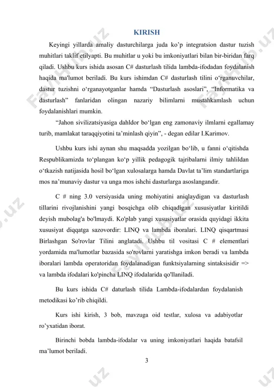 ing barchasi juda muhimdir, chunki ular ushbu tilning rivojlanishiga sezilarli ta'sir ko'rsatdi, ammo ulardan ikkitasi alohida ajralib turadi: o'rnatilgan so'rovlar tili (linq) va lambda ifodalari. linq va lambda ifodalari c# dasturlash uchun mutlaqo yangi ahamiyat kasb etadi va uning dasturlash tillarining davomiy rivojlanishidagi etakchi rolini ta'kidlaydi. anonim usullarning ahamiyatiga qaramay, ularni yanada zamonaviy yondashuv bilan ya’ni lambda ifodasi bilan almashtirishdi. ushbu dasturlash tilining asl versiyasi 1.0 chiqarilganidan beri lambda ifodasi c# ning eng muhim yangiliklaridan biri deb aytish mubolag'a emas. lambda ifodasi mutlaqo yangi sintaksis elementiga asoslangan va anonim usulga yanada samarali alternativa bo'lib xizmat qiladi. lambda-ifodasi - bu sodda, ammo ayni paytda bajariladigan kod birligi nima ekanligini aniqlashning samarali usulini ta'minlaydigan yangi sintaktik vositadir. lambda-ifodalari odatda delegatlar va voqealar bilan ishlash uchun ishlatiladi, chunki delegat lambda-ifodasini nazarda tutishi mumkin. lambda ifodalari asosan linq bilan ishlashda ishlatiladi, ular ko'pincha delegatlar va voqealar bilan birgalikda ishlatiladi. lambda-ifodasi - bu anonim funksiyani …