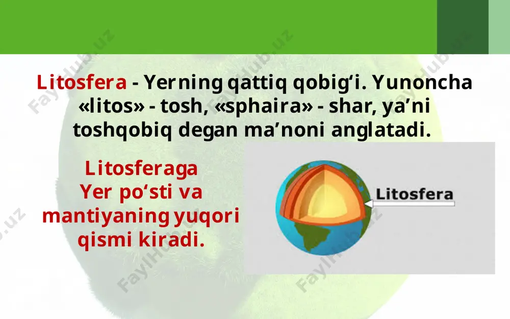 biriga qarshi yo‘nalishda siljiyotgan plitalar to‘qnashgan joylarda yer po‘sti bukilib, yoysimon orollarni, tog‘larni, chekka okean botiqlarini hosil qiladi. bularga and tog‘lari, yaponiya orollari, mariana botig‘ini misol qilib ko‘rsatish mumkin and tog’i yaponiya orollari 11 litosfera plitalari bir-biridan ajralayotgan yoki to‘qnashayotgan joylarda ular juda harakatchan bo‘ladi, tez-tez yer qimirlab turadi. ko‘pchilik so‘nmagan vulqonlar shu yerlarda joylashgan. endi «litosfera plitalari harakati» va «yer qimirlash va vulqonlarning asosiy zonalari» xaritalarini qiyoslab ko‘raylik litosfera plitalari harakati etna so‘nmagan vulqonlar yer qimirlash zonalari 33-rasm. yer qimirlash va vulqonlarning asosiy zonalari. image2.jpg image3.jpeg image4.jpeg image5.emf image6.jpeg image7.jpg image8.emf image9.gif image10.jpeg image11.jpeg image12.jpeg image13.jpeg image14.emf image15.jpeg image16.jpeg image17.jpeg image18.jpg image19.jpeg image20.emf image1.jpg