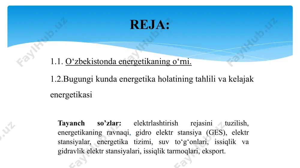 larini qurish zarurligini keltirib chiqardi. qodir ges ini ishga tushirilishi bilan bir vaqtning o‘zida respublikada birinchi bo‘lib, bu ges dan toshkentga elektr uzatuvchi 35 kv kuchlanishli ikki tizimli liniya foydalanishga topshirildi. 1939-1940-yillarda 110 kv kuchlanishli havo liniyalari quvasoy ies ni andijon shahari bilan, tavaqsoy ges ini chirchiq shahri bilan bog‘ladi. vatan urushi yillarida toshkent atrofini bog‘lovchi 35 kv kuchlanishli halqasimon havo liniyasi qurib bitkazildi, shimoliy sanoat rayonini elektr bilan ta’minlash uchun katta quvvatli «северная» podstansiya qurildi. 1943-yil sirdaryo daryosida qurila boshlagan 125 ming kw quvvatli farhod ges i kimyo sanoatini rivojlantirish va sug‘oriladigan yerlarni suv bilan ta’minlash imkonini berdi. o‘zbekiston va qo‘shni respublikalari yerlarini o‘zlashtirishga imkon beruvchi suv to‘g‘onlari quriladi. angren ko‘mir havzasini o‘zlashtirilishi, ikki issiqlik elektr stansiyasini 600 ming kw quvvatli angren ies ini va olmaliq issiqlik elektr quvvati markazini(iem) qurishga asos bo‘ldi. o‘zbekiston energetika sistemasi o‘rta osiyo birlashgan energetika sistemasini tarkibiy qismi bo`lib, bunga undan tashqari turkmaniston, tojikiston, …