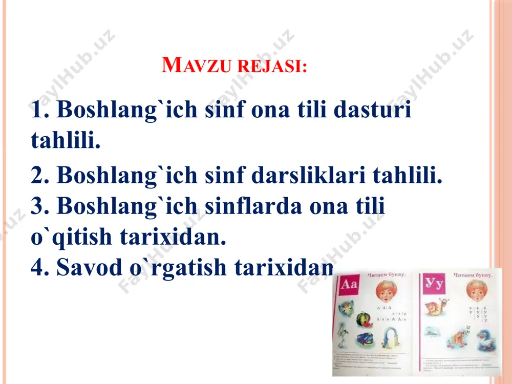 nutq ustida ishlash, bayon, insho yozish ko`nikmalarini shakllantirish kabi maqsadlar ko`zda tutiladi. maktabda eng ko‘p qo‘llaniladigan dars tiplari quyidagilar: 1. yangi bilim beruvchi va bilimlarni dastlabki mustahkamlovchi dars. 2. bilimlarni umumlashtiruvchi-mustahkamlash darsi. 3. ko‘nikma va malakalarni shakllantiruvchi mustahkamlovchi dars. 4. bilimlarni tekshirish-nazorat darsi. 5. aralashgan dars. 6. ekskursiya darsi. 7. o‘quv ustaxonalari va maktab tajriba yer maydonida olib boriladigan amaliy mashg‘ulotlar. yangi bilim beruvchi dars: 1.darsning boshlanishini tashkil etish. 2-5 d. 2.darsning maqsad va vazifalarini belgilash va yangi mavzuni tushuntirish. 15-20 d. 3.yangi mavzuni mustahkamlash. 15-20 d. 4.darsni yakunlash va uyga vazifa berish. 2-3 d. bilimlarni umumlashtiruvchi takrorlash darsi: 1. darsning boshlanishini tashkil etish. 2-5 d. 2. uy vazifasini tekshirish, so‘rash va baholash. 15-20 d. 3. o‘qitilgan o‘quv materialini takrorlash va umumlashtirish. 15-20 d. 4. darsga yakun yasash va uyga vazifa berish. 2-3d. 8 aralshgan dars: 1.darsning boshlanishini tashkil etish.2-3d. 2.uy vazifasini tekshirish, so‘rash va baholash. 7-10 d. 3. o‘tilganlarni …