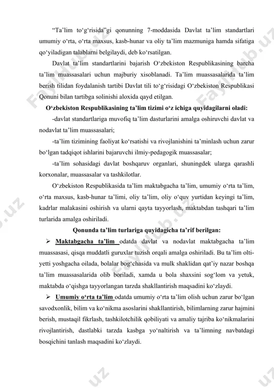 gi, mahorat va malakasini chuqur rivojlantirish, tanlangan kasblar bo‘yicha bir yoki bir necha ixtisos olishni ta’minlash hisoblanadi. · oliy ta’lim oliy o‘quv yurtlarida (universitetlar, akademiyalar, institutlar va oliy maktabning boshqa ta’lim muassasalarida) amalga oshiriladi. oliy ta’limning asosiy maqsadi oliy ta’lim yo‘nalishlaridan biri (bakalavriat) yoki aniq mutaxassislik (magistratura) bo‘yicha puxta bilim berish hisoblanadi. · oliy o‘quv yurtidan keyingi ta’lim jamiyatning ilmiy va ilmiy- pedagogik kadrlarga bo‘lgan ehtiyojlarini ta’minlashga qaratilib, u oliy o‘quv yurtlari va ilmiy-tadqiqot muassasalarida (doktorantura, mustaqil tadqiqotchilik) amalga oshiriladi. · kadrlar malakasini oshirish va ularni qayta tayyorlash otmlarda, maxsus ta’lim muassasalarida, oliy maktablarda, qisqa muddatli o‘quv kurslarida yoki boshqa tashkilotlarda amalga oshirilishi mumkin bo‘lib, uning asosiy maqsadi kasb bilim va ko‘nikmalarni chuqurlashtirish hamda yangilashni ta’minlashga qaratiladi. · maktabdan tashqari ta’lim bolalar va o‘smirlarning yakka tartibdagi ehtiyojlarini qondirish, ularning bo‘sh vaqti va dam olishini tashkil etish, madaniy-estetik, ilmiy, texnikaviy, sport va boshqa yo‘nalishlarda ko‘rsatiladi. bu ta’lim bolalar, o‘smirlar ijodiyoti saroylari, …
