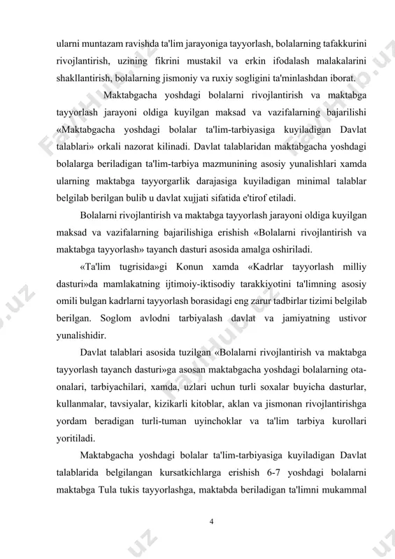 mal uzlashtirishga, mustakil uzbekistonning ravnaki uchun xizmat kiladigan barkamol inson bulib etishishlariga zamin xozirlaydi. maktabgacha ta'lim muassasalarida bolalarni rivojlantirish va maktabga tayyorlash jarayoni uch boskichda amalga oshiriladi: bolalarni jismonan rivojlantirish. bolalarning nutki va tafakkurini rivojlantirish. bolalarni ma'nan rivojlantirish. maktabgacha ta'limning maksad va vazifalariga tayangan xolda «bolalarni maktabga tayyorlash metodikasi» fanining maksadi talabalarni maktabgacha yoshdagi bolalarni maktabga tayyorlashning metod va usullari bilan tanishtirishdan iborat. «bolalarni maktabga tayyorlash metodikasi» fani kuyidagi vazifalarni uz ichiga oladi: - talabalar maktabgacha ta'limning maksad va vazifalarini yaxshi bilishlari; - bolalarning maktab ta'limiga umumiy va maxsus tayyorgarligi tushunchalarini bilishlari; - bolalarni maktab ta'limiga tayyorlashni aniklash yullari va metod, usullari tugrisida bilimga ega bulishlari lozim. bolalarni maktabga tayyorlash fanining boshka fanlar bilan alokasi. yosh avlodni tarbiyalash va ukitish xalk ta'limi sistemasining boshlangich bulimi bulgan maktabgacha tarbiya muassasalaridan boshlanadi. maktabgacha ta'lim muassasasida amalga oshiriladigan ta'lim-tarbiya ishini davr talabi darajasida olib borish maksadida «bolalar bogchasida ta'lim-tarbiya dasturi» tuzilgan. uzbekiston xalk …