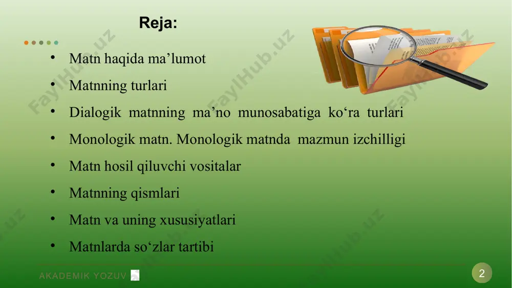 a monologik. dialogik matn ikki va undan ortiq suhbatdoshning turlicha mazmundagi fikr-axborot almashinuvidan iborat dialog- (yunoncha so’z bo’lib, dialogos – gaplashish, suhbat) 1) ikki yoki undan ortiq kishining nutqiy muloqoti, suhbati; 2) adabiy – badiiy matn komponenti, asardagi personajlarning nutqiy muloqoti berilgan o‘rinlar. akademik yozuv 1 monologik matn 8 monolog ( yunononcha so’z bo’lib, monos – yakka, logos – so‘z) - yakka shaxsning ayni paytda javob berilishini talab qilmaydigan, o‘zgalar replikalari bilan bo‘linmagan nutqi. monolog og‘zaki shaklda (turli yig‘inlardagi nutq, ma’ruza, hisobotlar) ham, yozma shaklda (publitsistika, memuarlar va h.) ham keng qo‘llanadi. badiiy adabiyotda monologlardan turli maqsadlarda foydalaniladi. ayniqsa, drama- tik asarlarda monologlarning badiiy–estetik vazifalar doirasi ancha keng. akademik yozuv 1 9 ma’lumotnoma matnida bo‘lib o‘tgan voqea-hodisa yoki mavjud holat haqida oddiy axborot beriladi. ijodiy-tavsifiy matn so‘zlovchi yoki yozuvchi tomonidan ijodiy ravishda bayon etilgan voqea-hodisa, narsa yoki shaxsning tasviri yoki xabar, ma’lumotning ijodiy-tavsifiy bayonidir. ilmiy, publitistik va badiiy uslublar, shuningdek, …