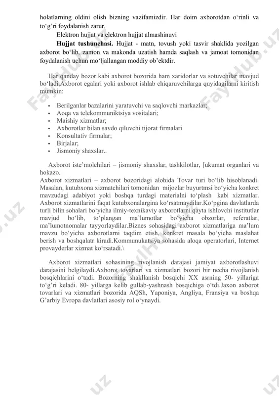 biy ta’sir qiladi. bunday muammolarni samarali echish jamiyatni axborotlashtirish masalasini ko‘ndalang qilib qo‘ymoqda. jamiyatni axborotlashtirish – yuridik va jismoniy shaxslarning axborotga bo‘lgan ehtiyojlarini qondirish uchun axborot resurslari, axborot texnologiyalari hamda axborot tizimlaridan foydalangan holda sharoit yaratishning tashkiliy ijtimoiy - iqtisodiy va ilmiy – texnikaviy jarayonidir. jamiyatni axborotlashtirish jarayoni quyidagi qator muammolarning hal etilishini talab etadi: 1. hisoblash texnikasi vositalarini jamiyat faoliyatining barcha tarmoqlariga tadbiq qilish. 2. jamiyat a’zolarini hisoblash texnikasi vositalaridan samarali foydalanishga o‘rgatish. 3. jamiyat a’zolarining turli hil extiyojlarini qondirishda axborot resurslaridan to‘la va samarali foydalanishlarini ta’minlash. axborot resurslari, ommaviy axborot va axborot tizimlariga o‘zbekiston respublikasining 2003 yil 11 dekabrdagi 560-ii son “axborotlashtirish to‘g’risida”gi qonuniga binoan quyidagicha ta’rif berish mumkin. axborot resurslari - alohida hujjatlar, hujjatlarning alohida to‘plamlari, axborot tizimlaridagi (kutubxonalardagi, arxivlardagi, fondlardagi, ma’lumotlar banklaridagi va boshqa axborot tizimlaridagi) hujjatlar va hujjatlarning to‘plamlari. ommaviy axborot – bunga cheklanmagan doiradagi shaxslar uchun mo‘ljallangan hujjatlashtirilgan axborot, bosma, audio, audiovizual hamda boshqa …